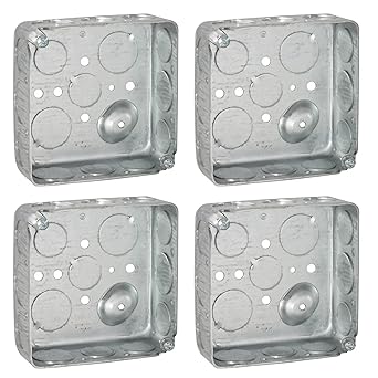 (4 Pack) 4'' Square Electrical Box, Drawn Construction, Ten 1/2'' and Six 3/4'' Knockouts, Raised Ground, 21.0 Cu. in. Capacity, 1-1/2'' Deep, Galvanized Steel, Combination Screw Heads