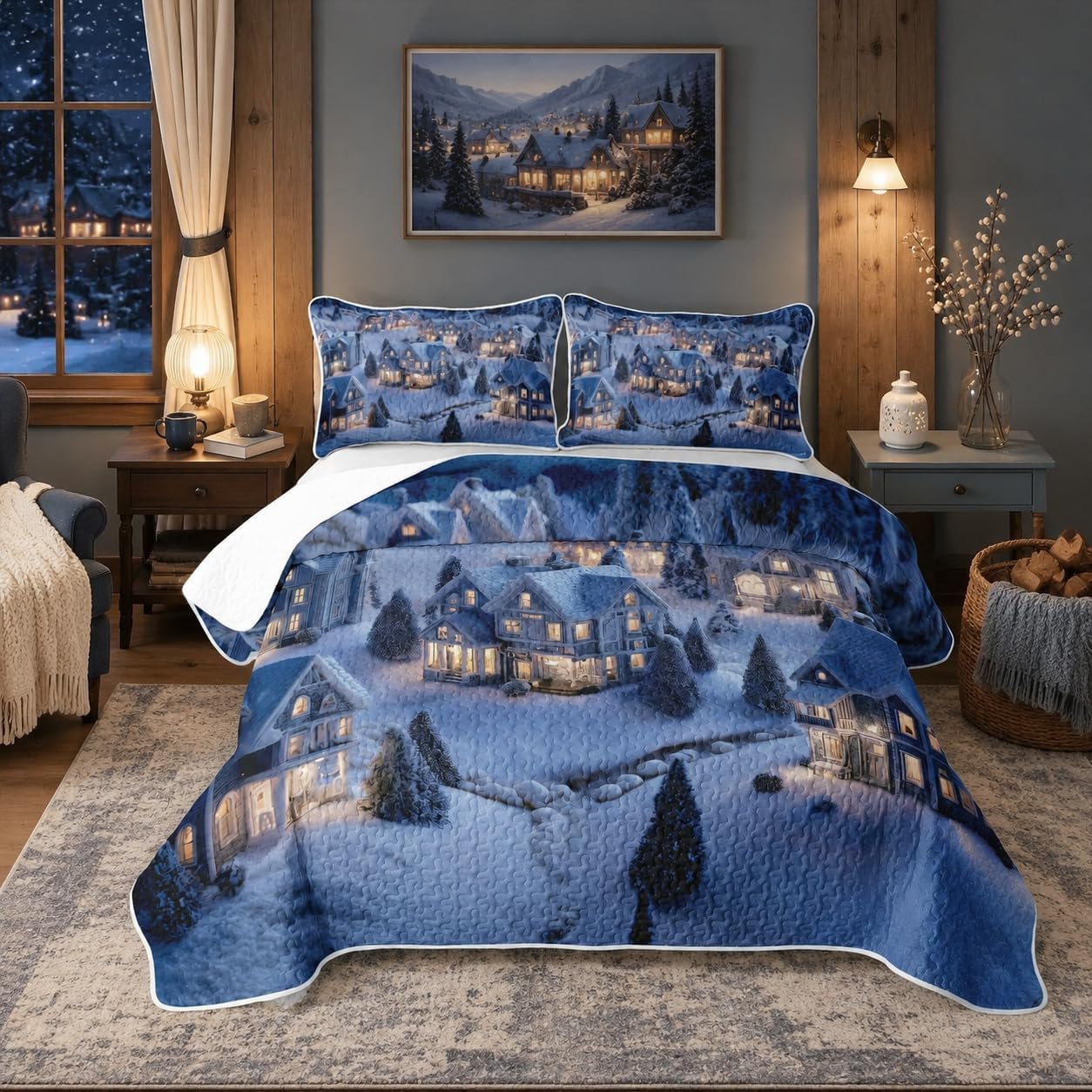 Castle Fairy Christmas Queen Size Quilted Bedspread,Pine Tree Snowflake Coverlet Set,Xmas Snow Town Microfiber Lightweight Quilt Bedding,Festival Holiday Bed Covers for All Season,2 Pillowcases