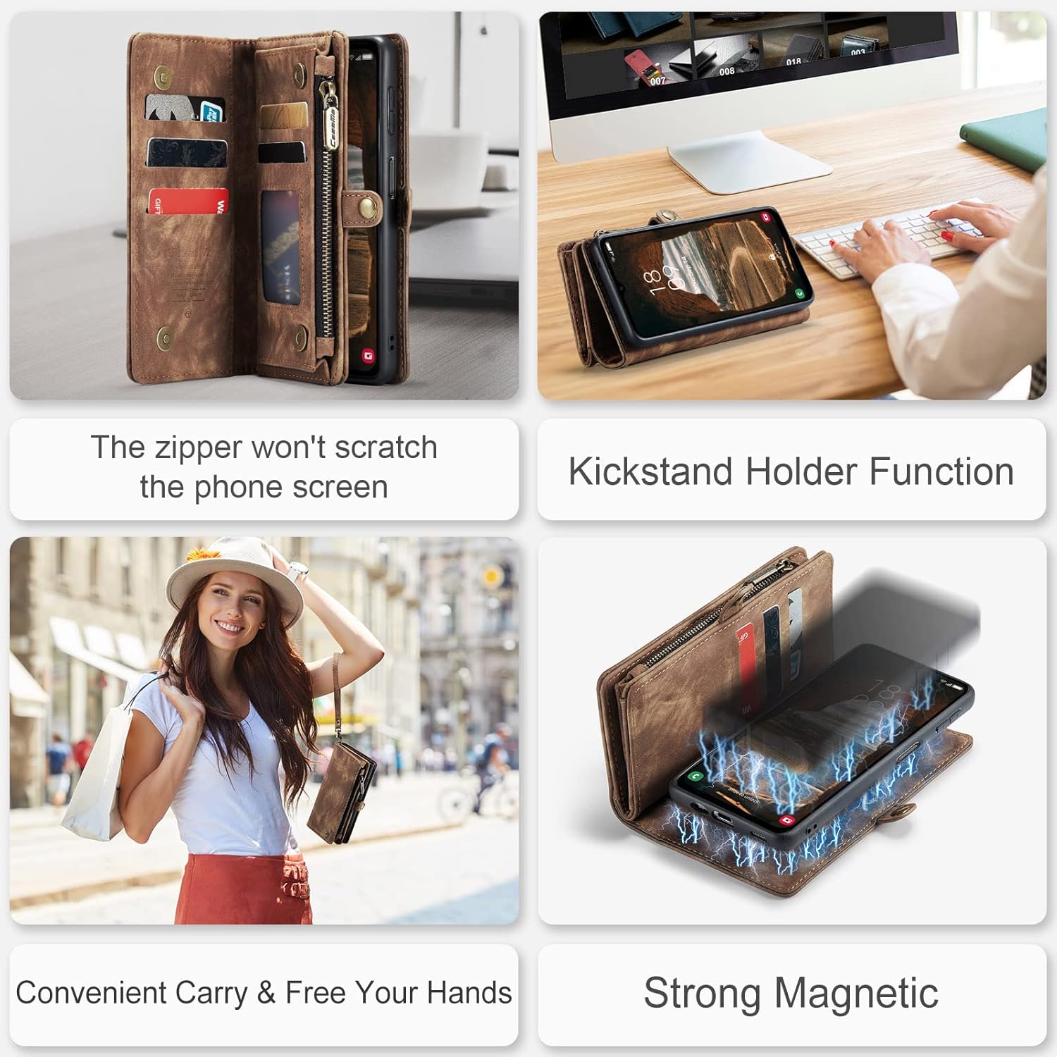 Case for Samsung Galaxy A14 5G 2023, Genuine Leather Wallet Detachable Magnetic Phone Cover Wireless Charge Zipper Purse RFID Blocking Card Slot Holster for Galaxy A14 6.6 inch (Brown)