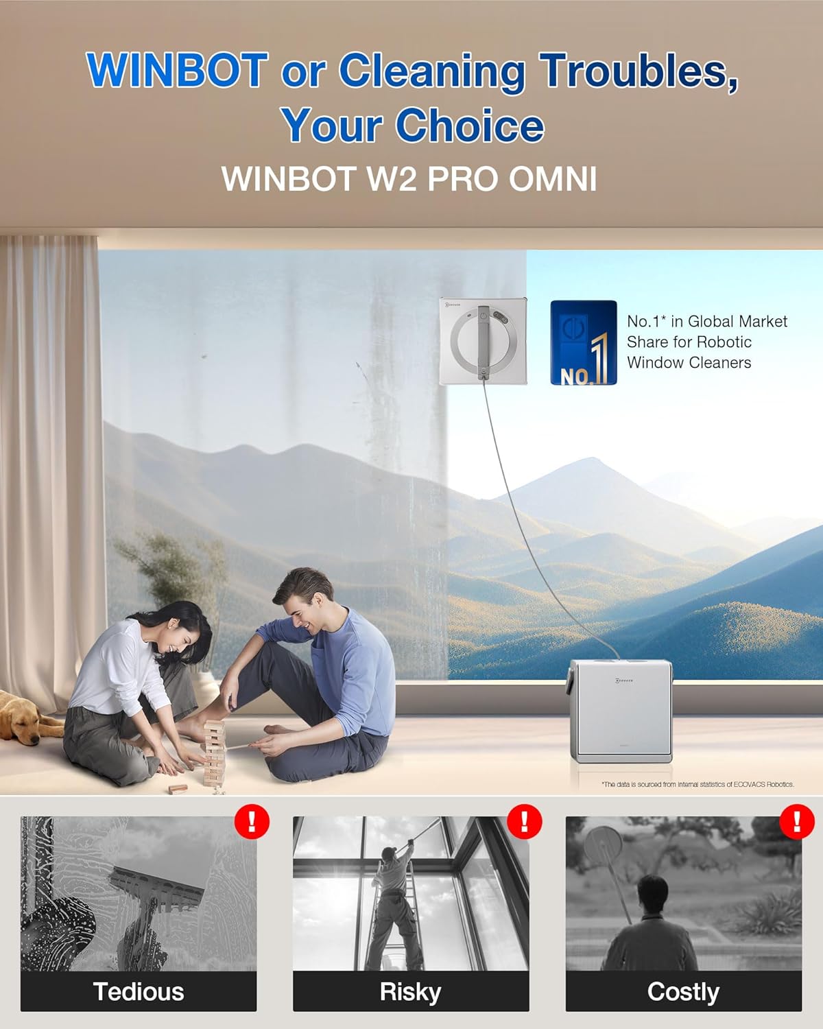 ECOVACS WINBOT W2 PRO OMNI robot, multi-functional station, and accessories.