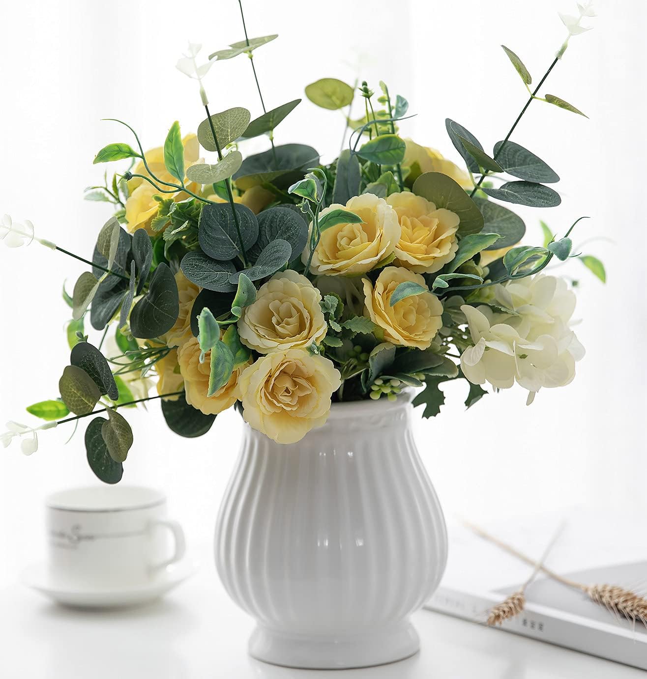 Artificial Flowers in Vase Silk Rose Bouquets Flowers Arrangements for Kitchen Table Centerpiece, Fake Faux Silk Flowers for Room Decor (Yellow)