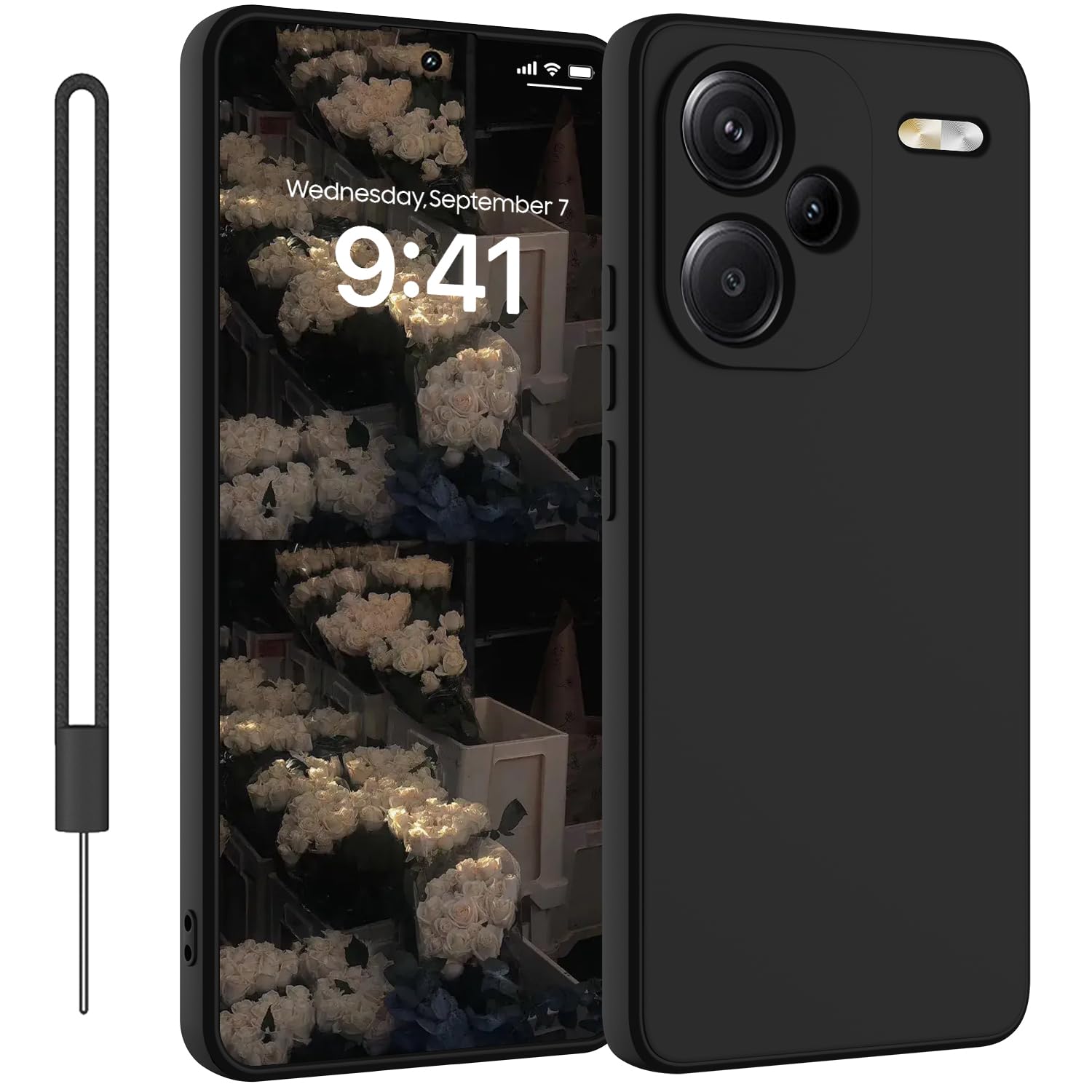 ORDA Custodia Protettiva per Fotocamera con Nastro per Xiaomi Redmi Note 13 Pro Plus 5G - 6,67 pollici, in Silicone Ultra Sottile in Microfibra, Nero