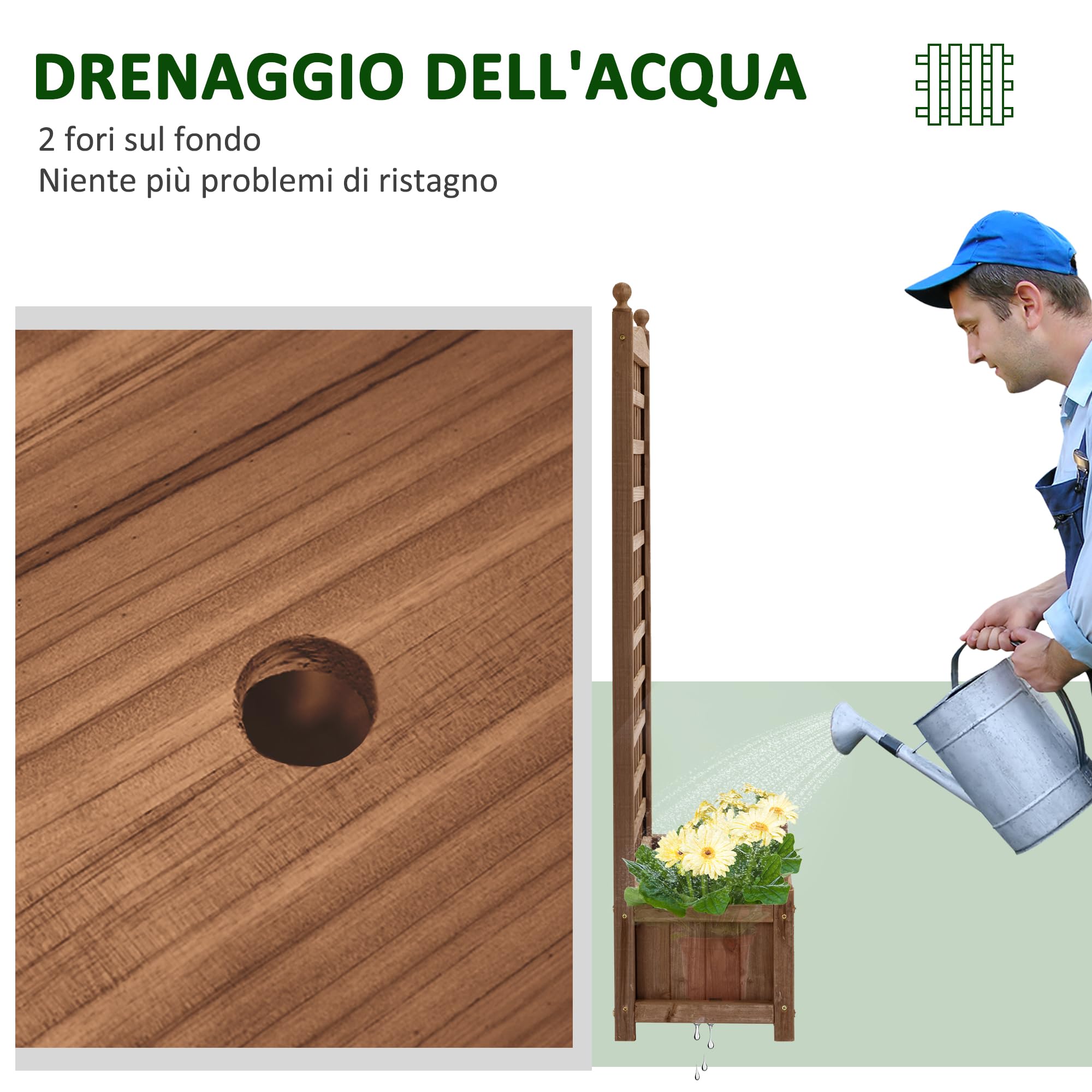 Outsunny Fioriera da Esterno in Legno, Portapiante con Grigliato per Piante Rampicanti e Aiuola Rialzata, 64x28x120cm, Marrone