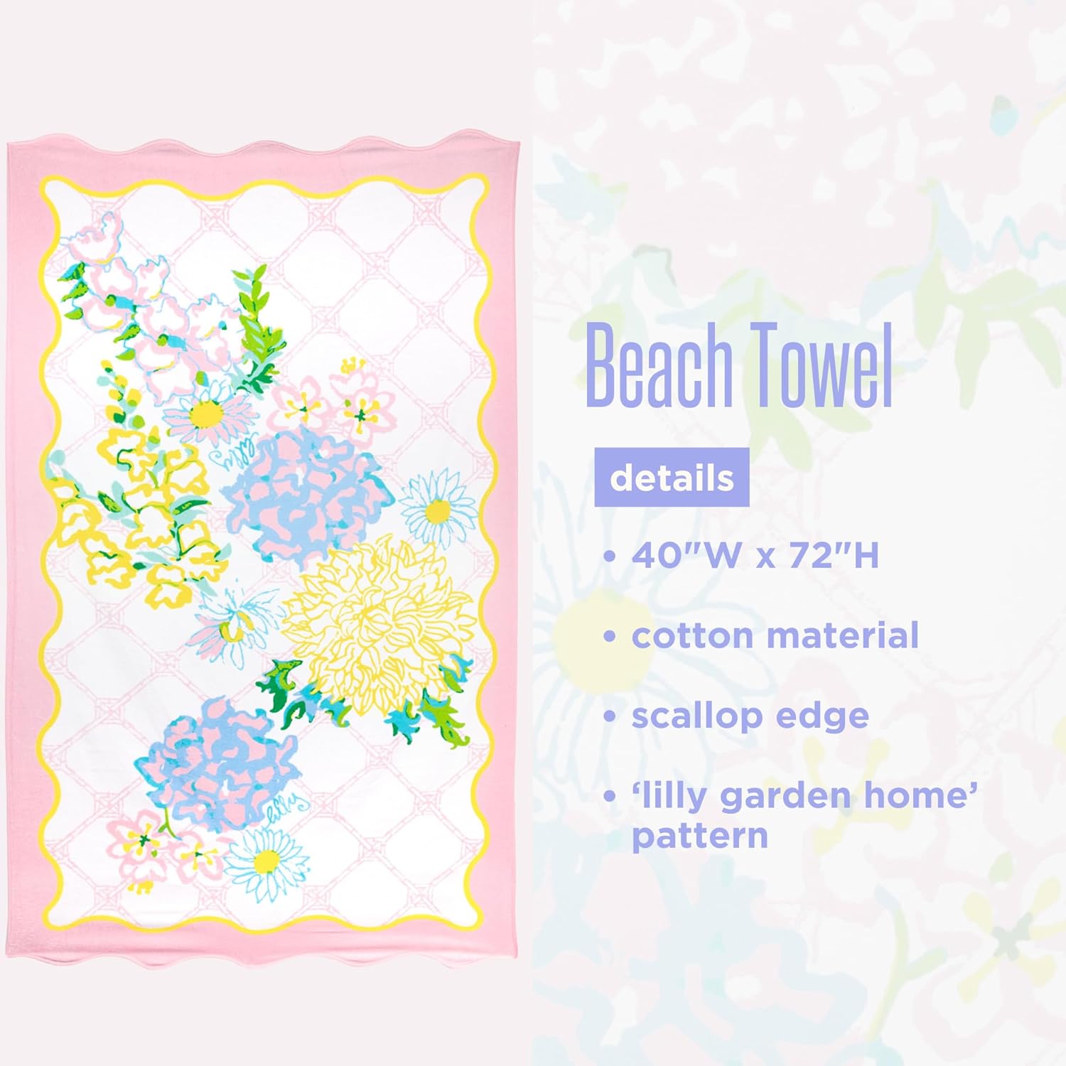 Lilly Pulitzer Scalloped Oversized Pool and Beach Towel, 40" x 72", Large Cotton Towel for Adults, Lilly Garden Home