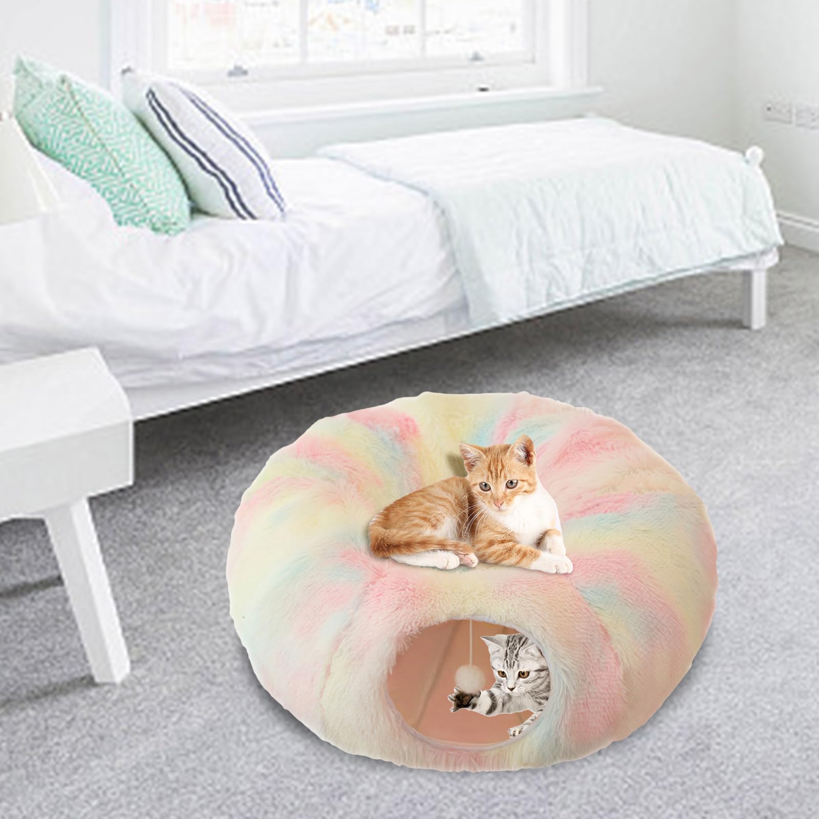 awakentti Tunnel en forme de beignet pour chat avec jouet en peluche, lit rond pliable pour chat, résistant aux rayures, jouet tunnel pour chiot, furet, chaton, lapin