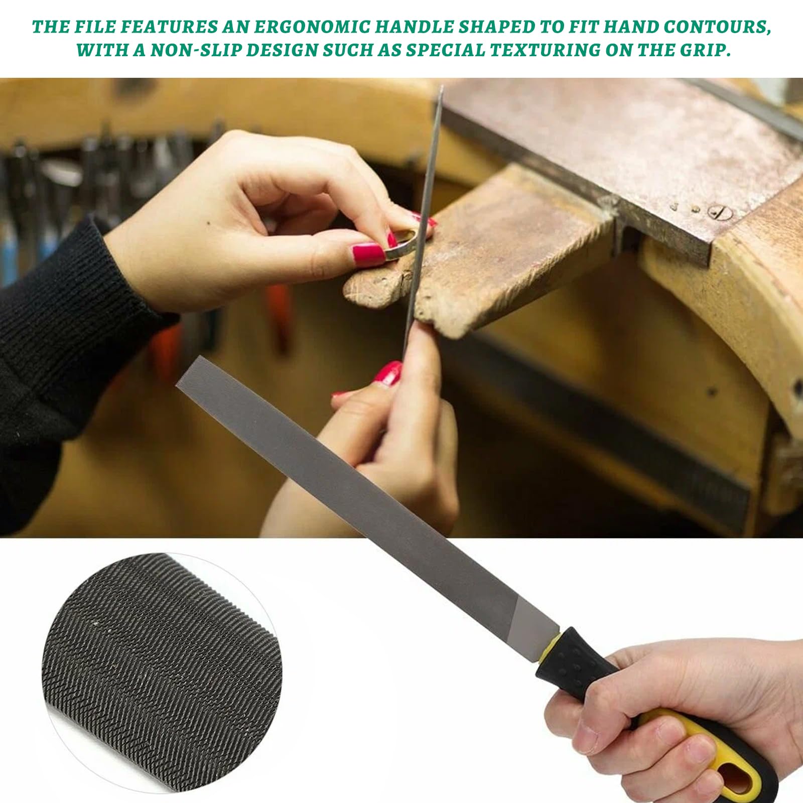 Set di Lime Metallo 3 Pezzi in Acciaio al Carbonio, 200mm, Include Lima Piatta, Rotonda e Semitonda con Manico in Gomma - Per Lavorazione Legno e Metalli