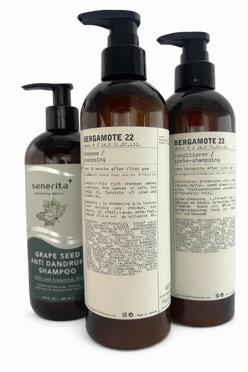 Bergamote 22 Shampoo and Conditioner Set with (Grape Seed and Sage) Shampoo, Sulfate-free, Paraben-free, 480ml Each, 3 Piece Bundle