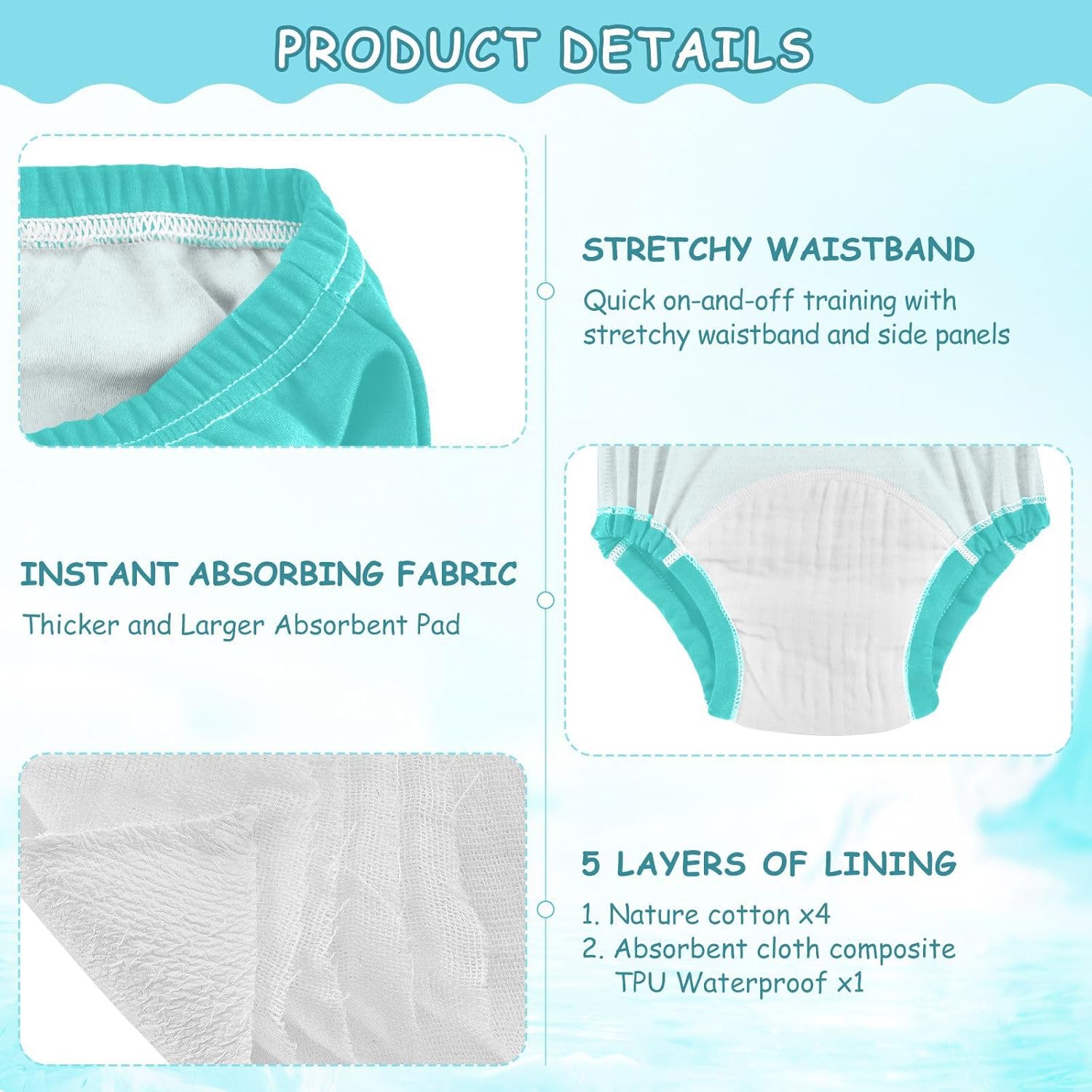 Little Girls Potty Training Underwear Pants Reusable Solid Color Turquoise Pure Plain Overnight Training Pants