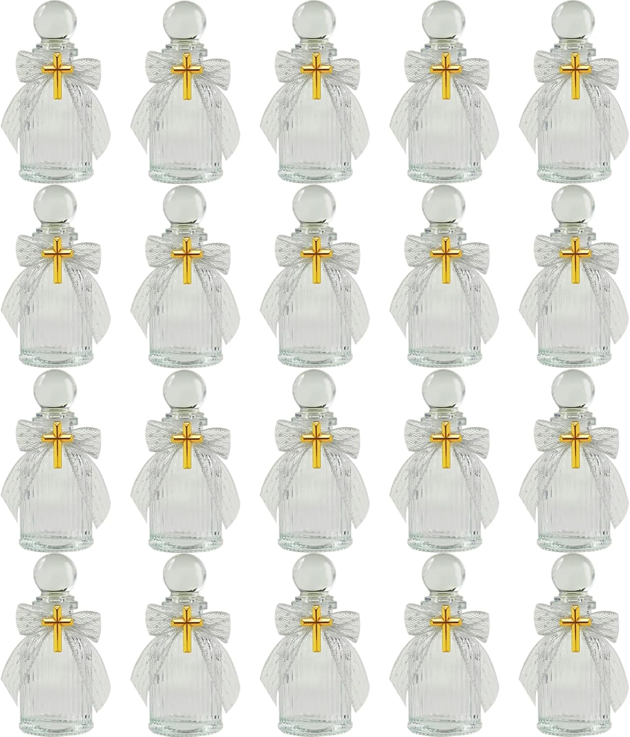 Holy Water Bottles 50ml Catholic Christian Glass Bottles With Cross Lapel Pins Lace Bow for Holy Communion Gifts Empty Container for Church Wedding Party Favors Gift Set (20 Set)