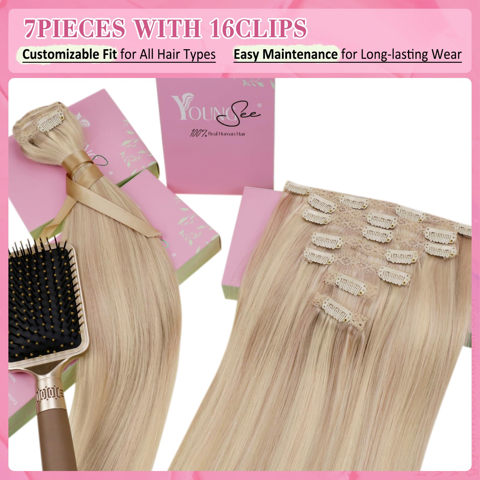 YoungSee Clip in Hair Extensions Real Human Hair Blonde 12 inch 80g Human Hair Extensions Clip in Ash Blonde Highlight Bleach Blonde Real Clip in Extensions for Girls Short Straight 7Pcs - Image 4