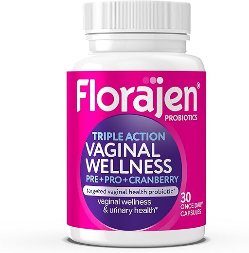 Florajen Triple Action Probiotic for Women, Prebiotic + Probiotic + Blueberry for Vaginal, Digestive & Immune Support, Fast Acting, Clinically Studied, Gluten Free & Vegan (30