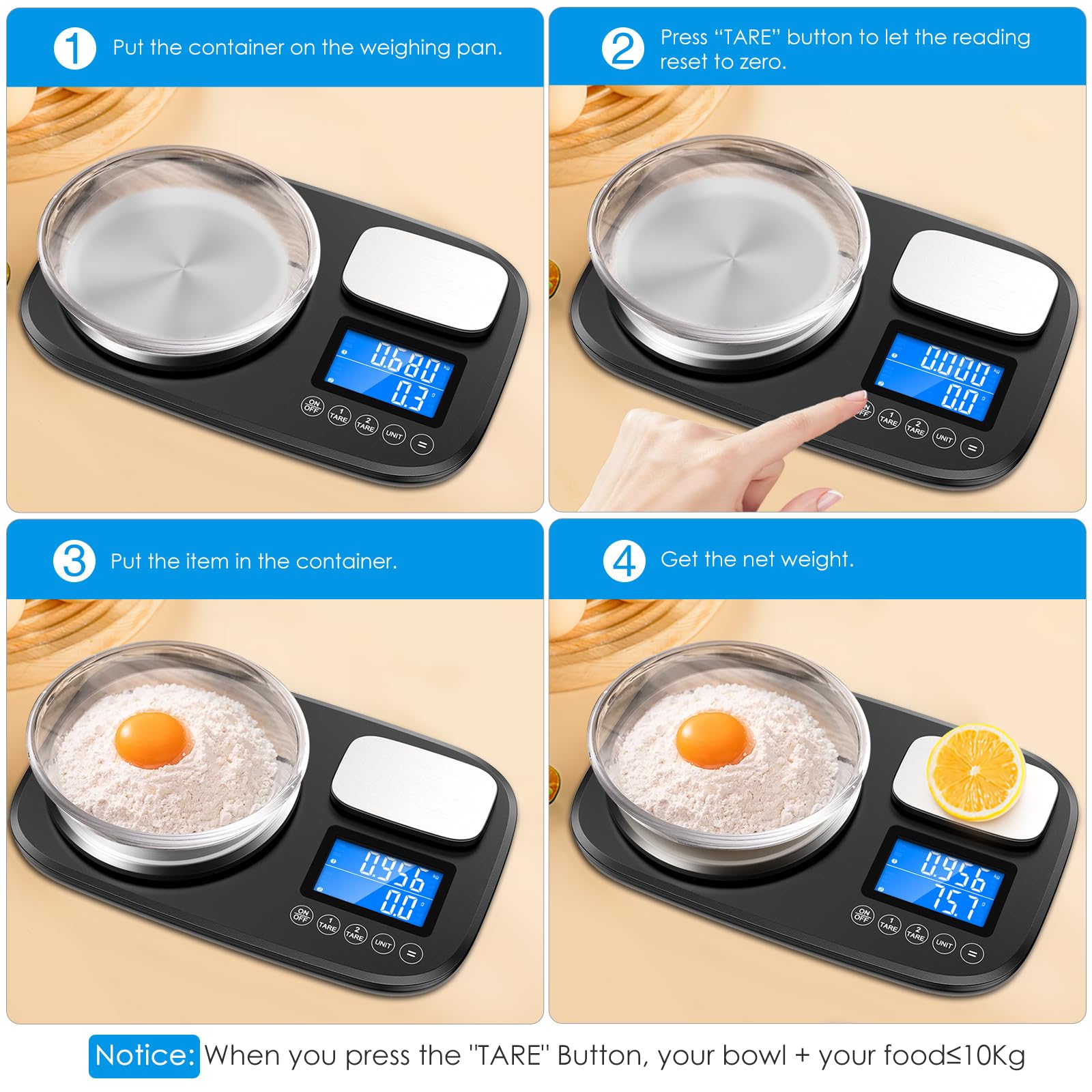Brifit Bilancia digitale da cucina a doppia piattaforma, 10 kg e 1 kg, display LCD, bilancia per alimenti con due precisione da 1 g e 0,1 g, unità di conversione, bilancia digitale con funzione tara,