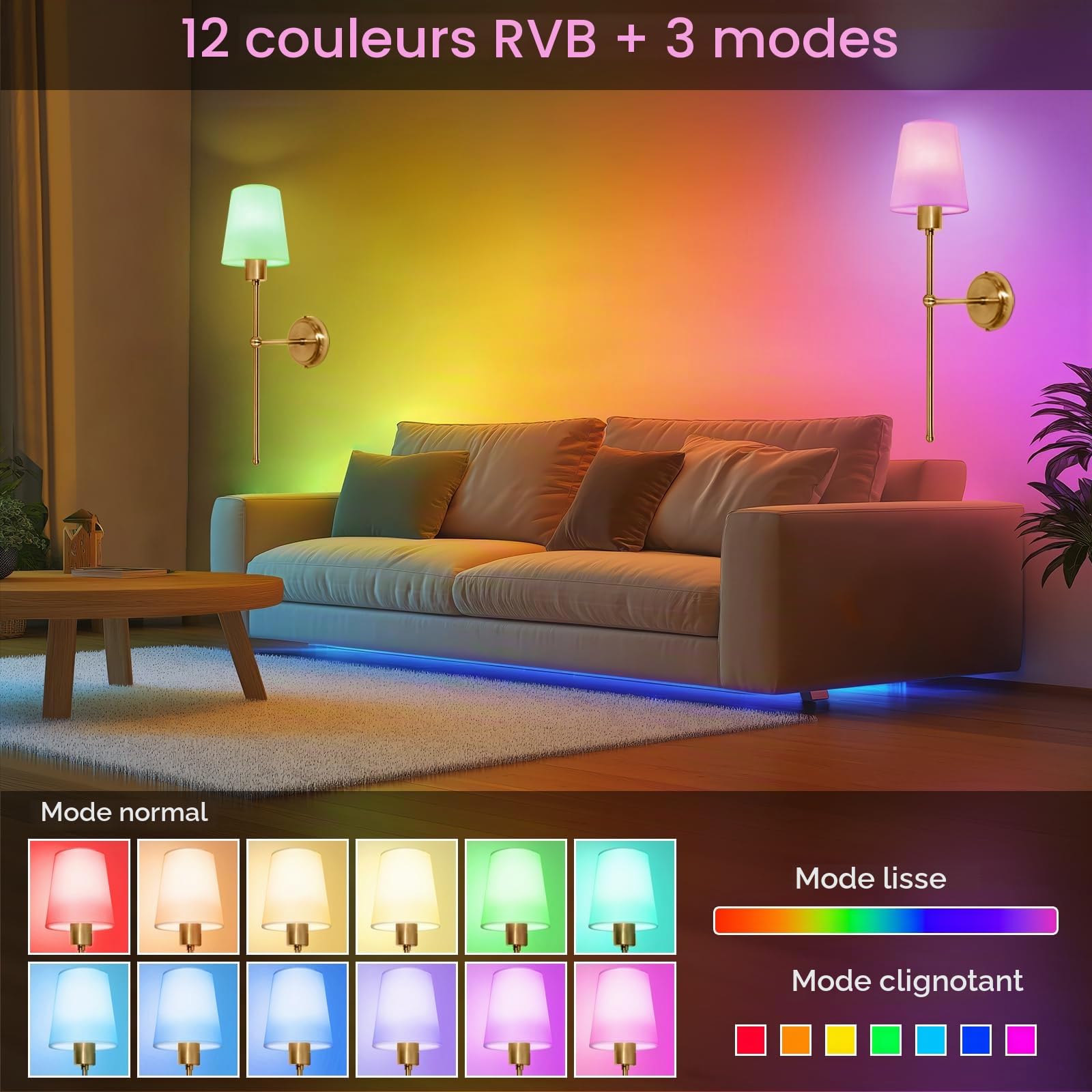 Ketom 2 Pack Lampe Murale Sans Fil Rechargeable, 12 RGB Dimmable Luminaire LED Mural à Piles, avec Télécommande, Applique Murale Interieure Vintage avec Abat-jour en Tissu Blanc, Doré