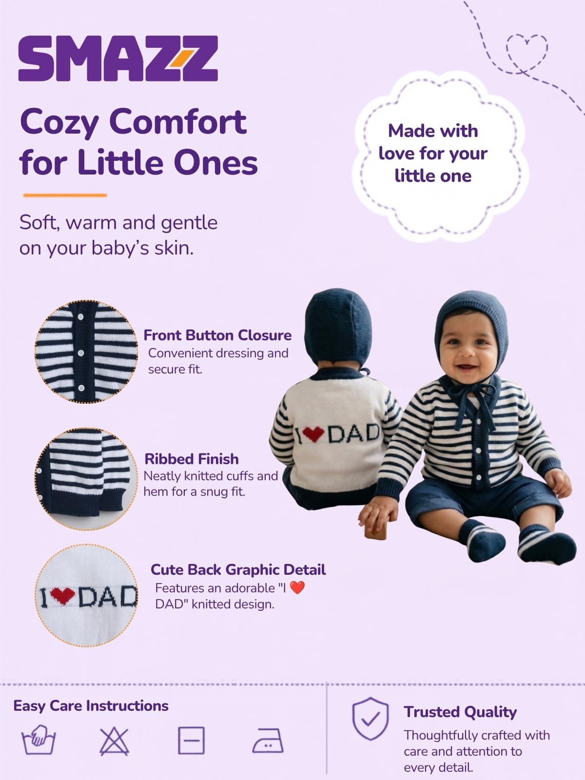 SMAZZ Baby-Boys Baby Sweater Set - Pack Of 3 | Woolen Full Sleeves V-Neck Striped For 3 To 6 Months Cardigan, Cap & Socks - Navy & Cream 2
