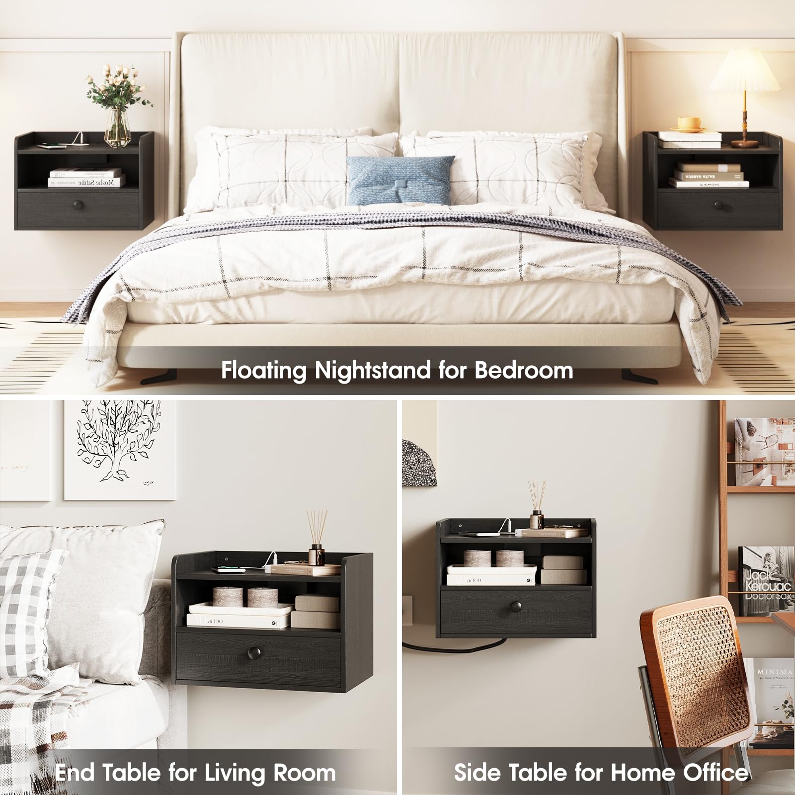 5 Best Floating Nightstands for Small Bedrooms (2026) 2 HOME Floating Nightstand Set of 2 Modern Night Stands with Drawer and Open Shelf — product photo