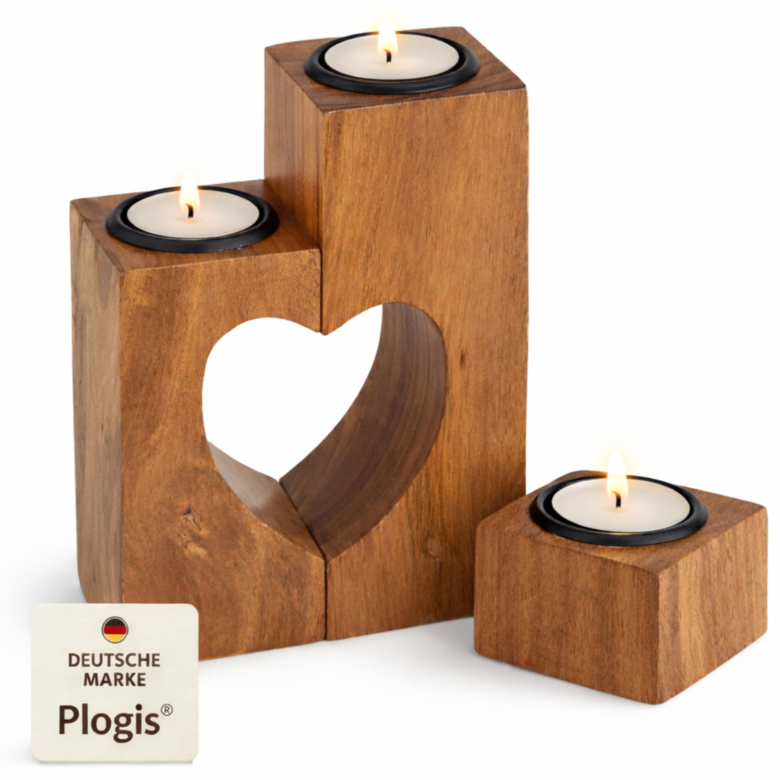 Muttertagsgeschenk für Mama – Teelichthalter Herz aus Akazienholz (3-teilig, 15 cm) – handgefertigter Kerzenhalter Holz, Geschenk Muttertag Deko Frauen