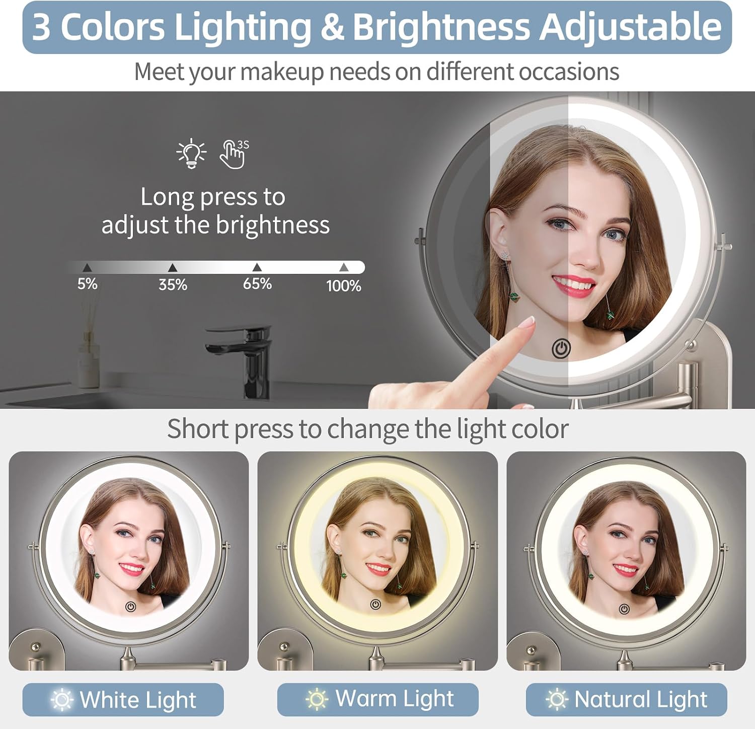 Wall Mounted Makeup Mirror with Lights - 8 Inch Rechargeable Vanity Mirror, 1X/20X Magnifying Dual-Sided, 3 Color Dimmable LED Lights, 4000mAh Battery, Brushed Nickel Finish for Bathroom & Bedroom