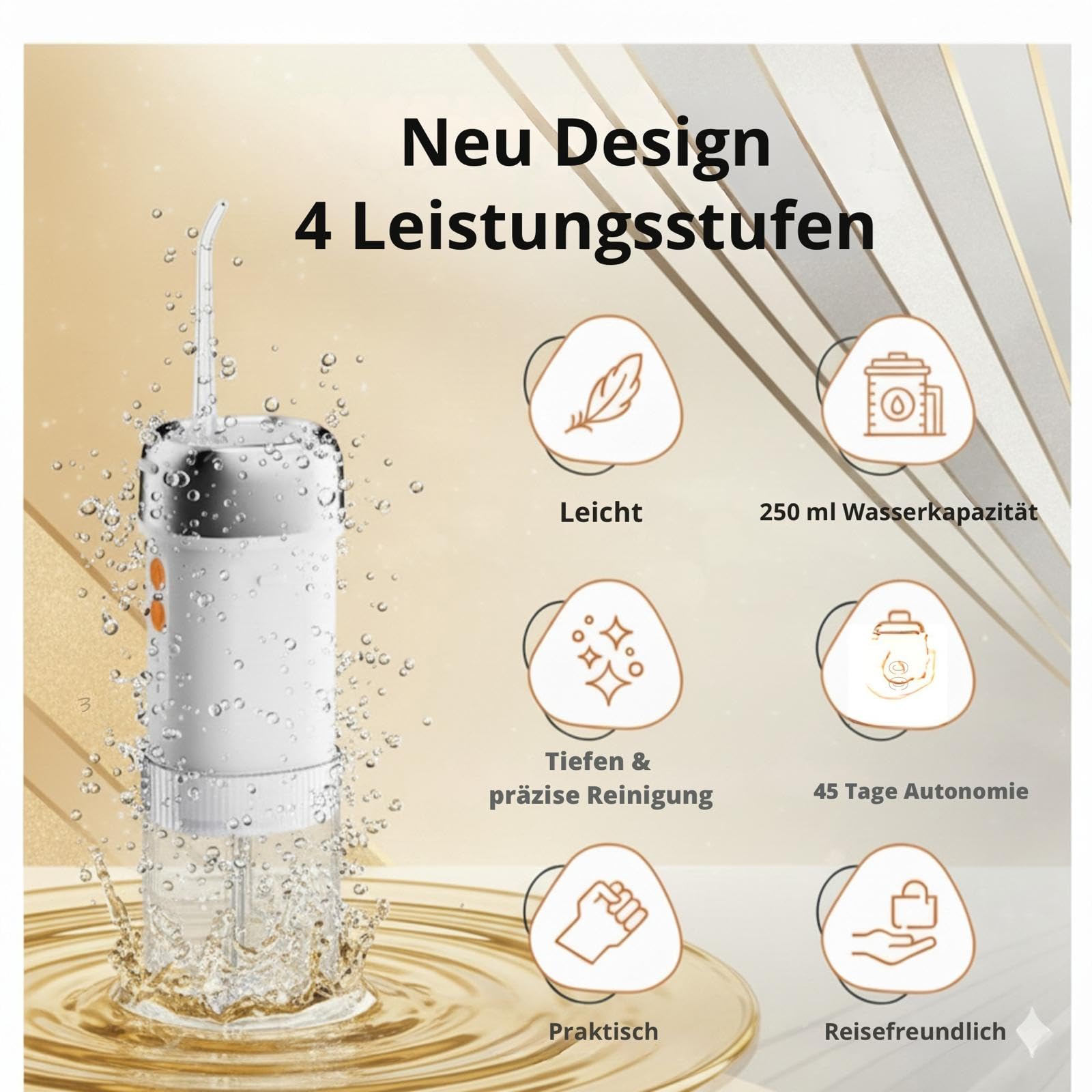 Munddusche IPX7, 250 ml Tank, 5 Düsen, USB-C, 4 Leistungsmodi 35–140 PSI mit Speicherfunktion, 45 Tage Akkulaufzeit, professionelle Zahnreinigung, kompaktes Design ideal für Reisen