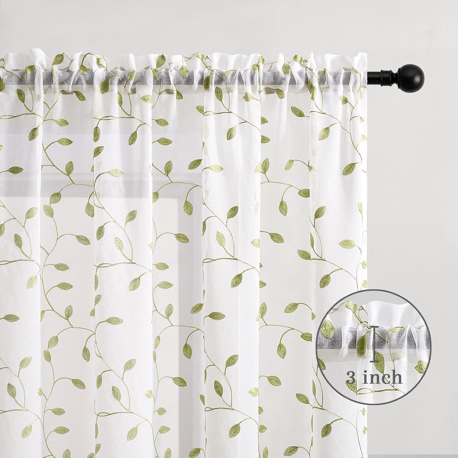 SEEKRIGHT Green Leaf Sheer Curtains 90 Inches Long 2 Panels for Bedroom Living Room Green Embroidered Sheer Curtains Light Filtering Rod Pocket Floral Voile Crushed Faux Linen Window Drapes, 50x90
