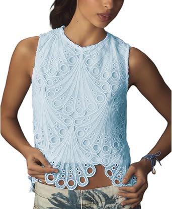 VAOYIU Summer Tops for Women Floral Embroidery Lace Tank Top Cropped Mesh Sheer Sleeveless Blouse Elegant Crewneck Shirts