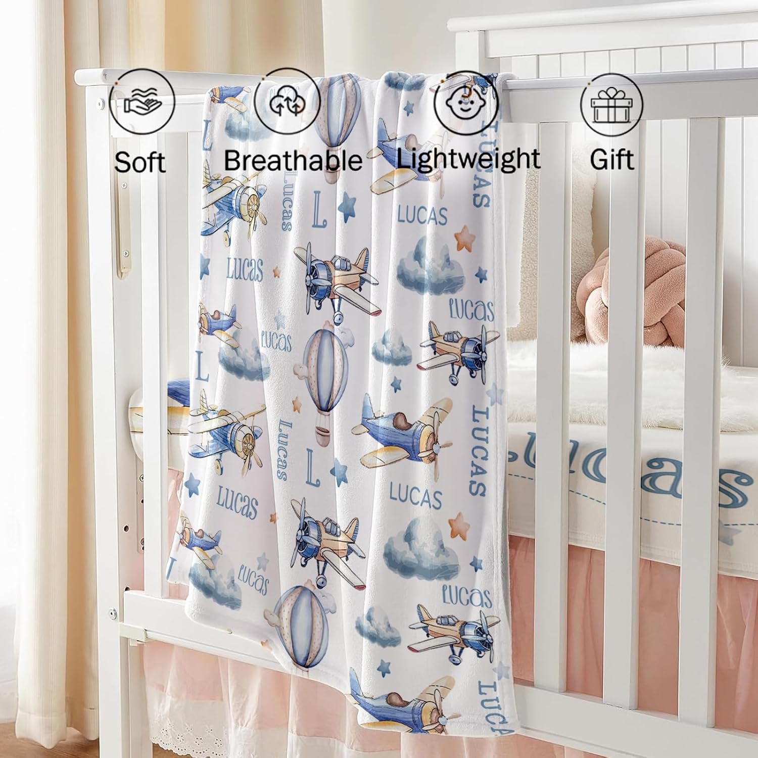 Custom Baby Crib Bedding Set - Toy Airplane Design Personalized Name Baby Nursery Bedding 3 Pcs Set - Chic Soft Blanket, Fitted Sheet, Room Rug for Newborns Boys Girls Gifts
