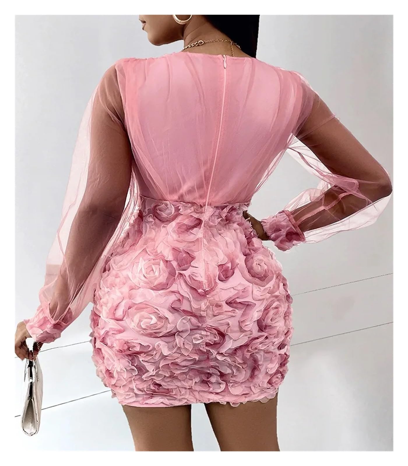 Vestido con Estampado Floral Vestido de Fiesta Elegante con Escote en V y Manga Larga Malla Transparente Estampado Floral for Mujer Mujer