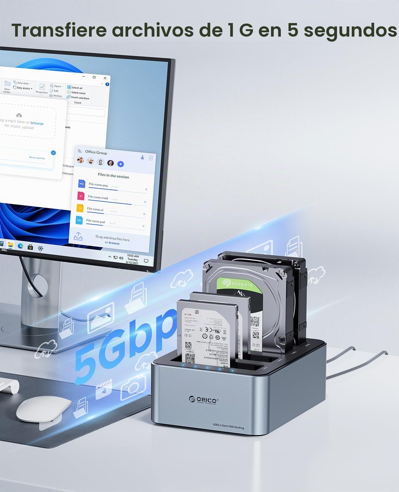 ORICO Base de Carga para Disco Duro de 4 bahías, USB 3.2 Gen 1 para SATA 2,5/3,5 Pulgadas SSD/HDD hasta 4 x 20 TB, clonación Offline, Fuente de alimentación de 12 V/6,5 A (6646C3-C)