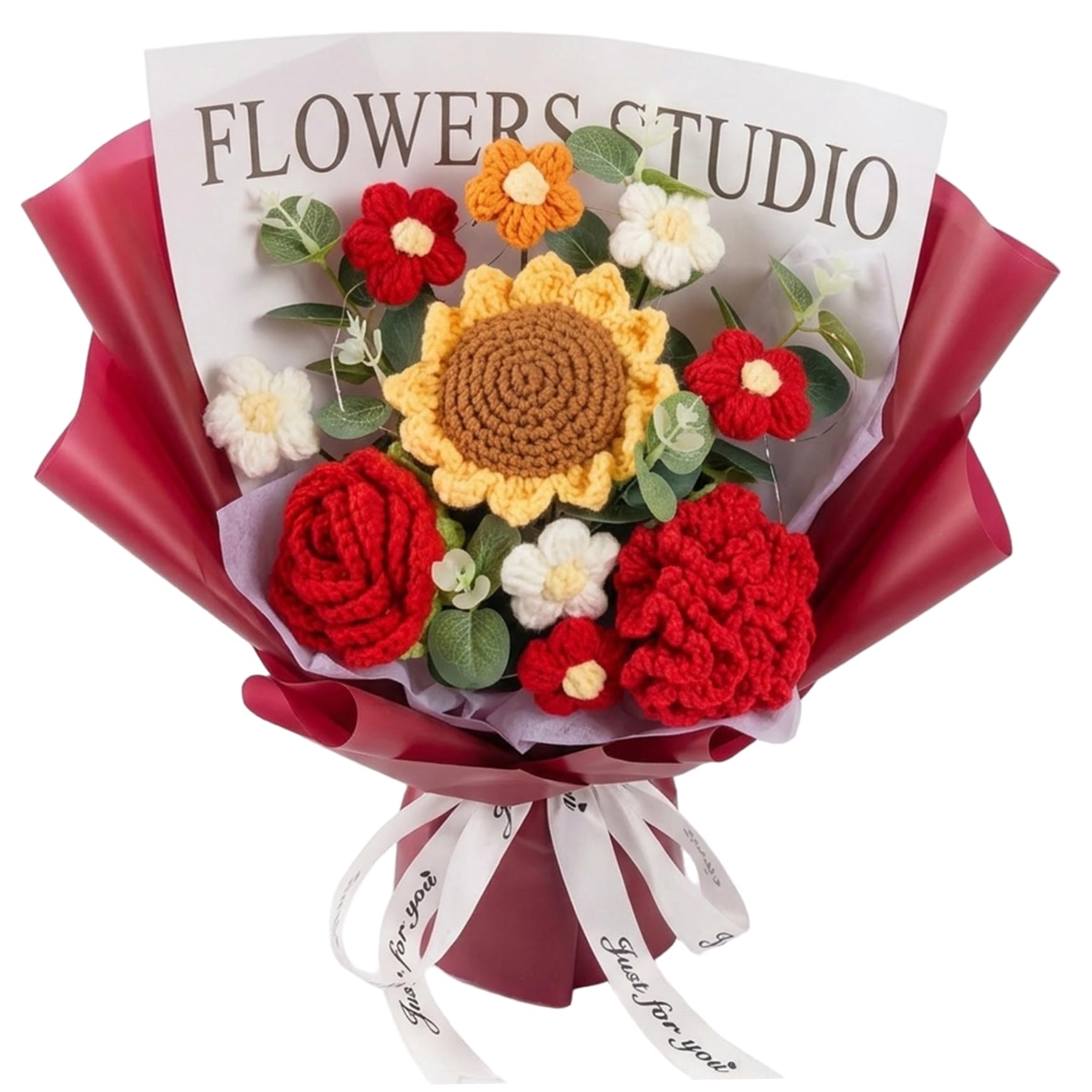 Bonalake Crochet Flower Bouquet - Knitted Roses & Tulips, Long-Lasting Bouquet of Crochet Flowers for Birthday, Mother, Teacher, Home Decor, Red of Flowers Knitted