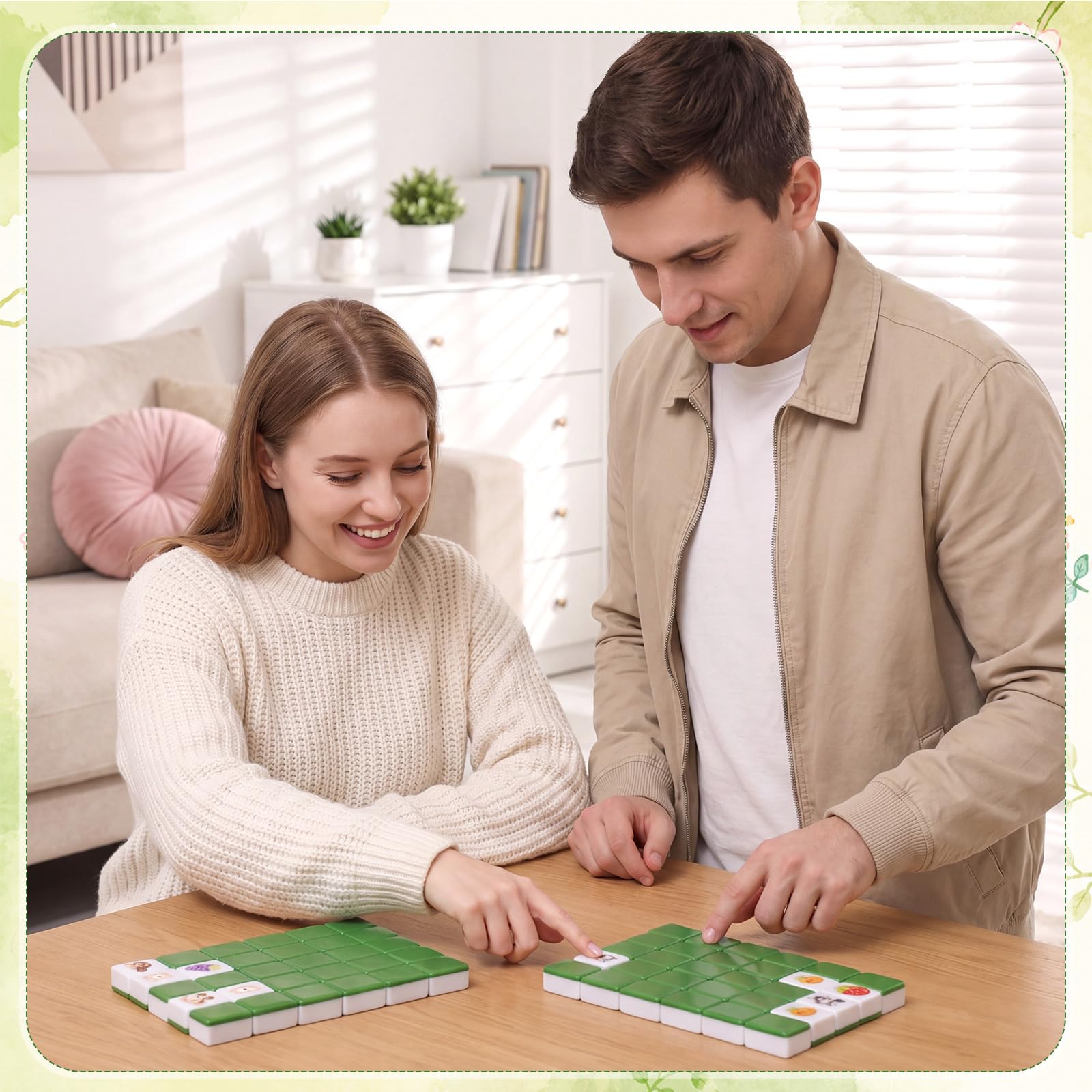 Leitee Set di 64 blocchi Mahjong per 2 giocatori, 3 cm, motivo cibo animale