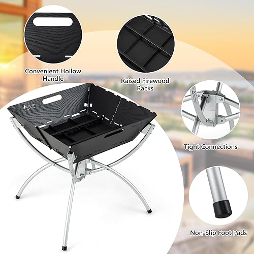 Miniatura 7 de HAPPYGRILL Fogata plegable con parrilla, hoguera de leña 3 en 1 para exterior, hoguera plegable para acampar, barbacoa, hoguera, cocina al aire libre