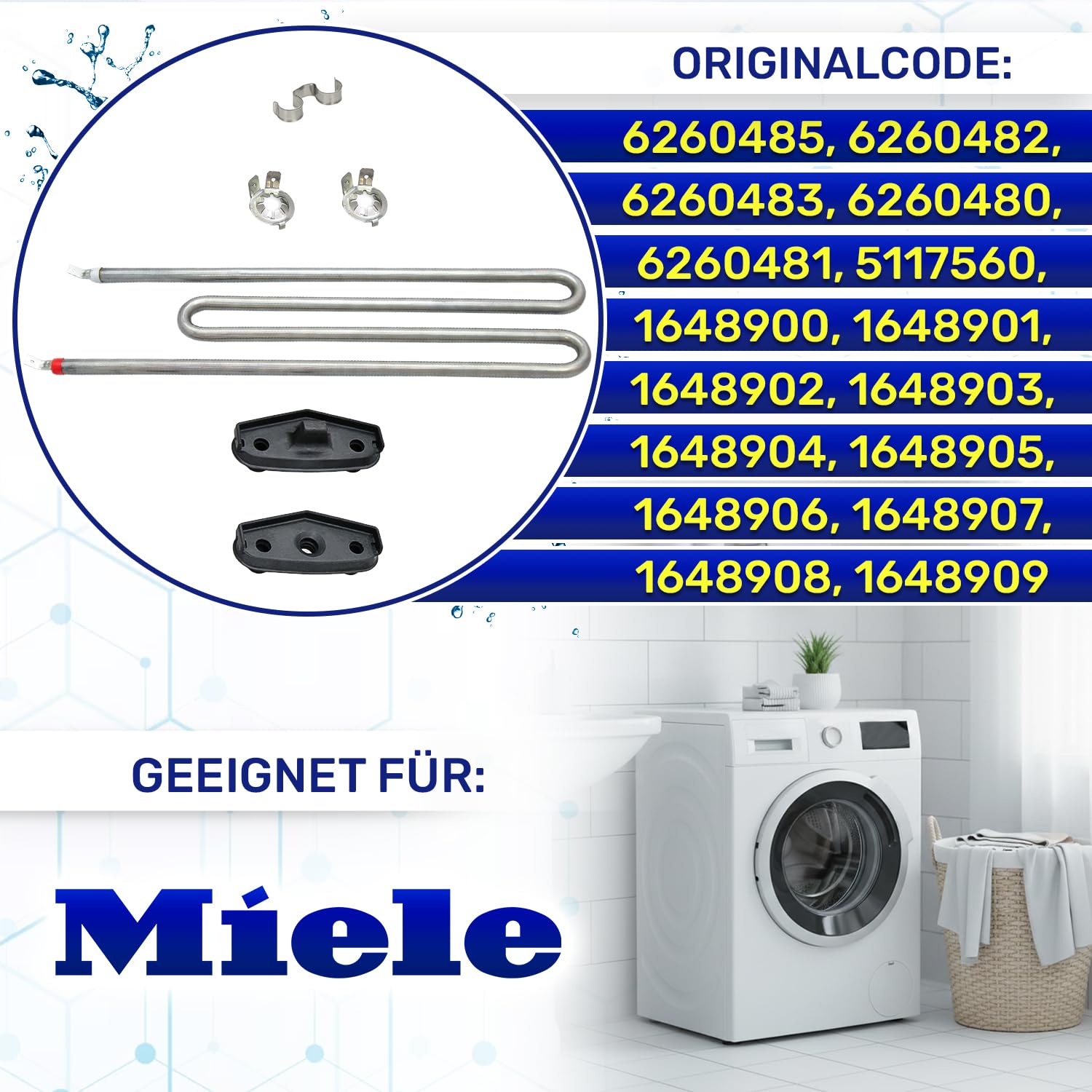 MONTERAL Heizstab Waschmaschine 2100W 230V ohne Flansch mit Dichtungen mit Originalcode 6260485 6260482 6260483 für Miele - Garantie 10 Jahre