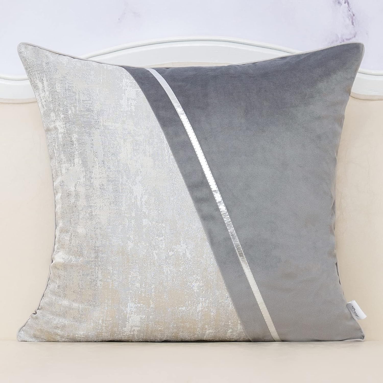 Alerfa 18 x 18 Inch Gray Silver Leather Patchwork Velvet