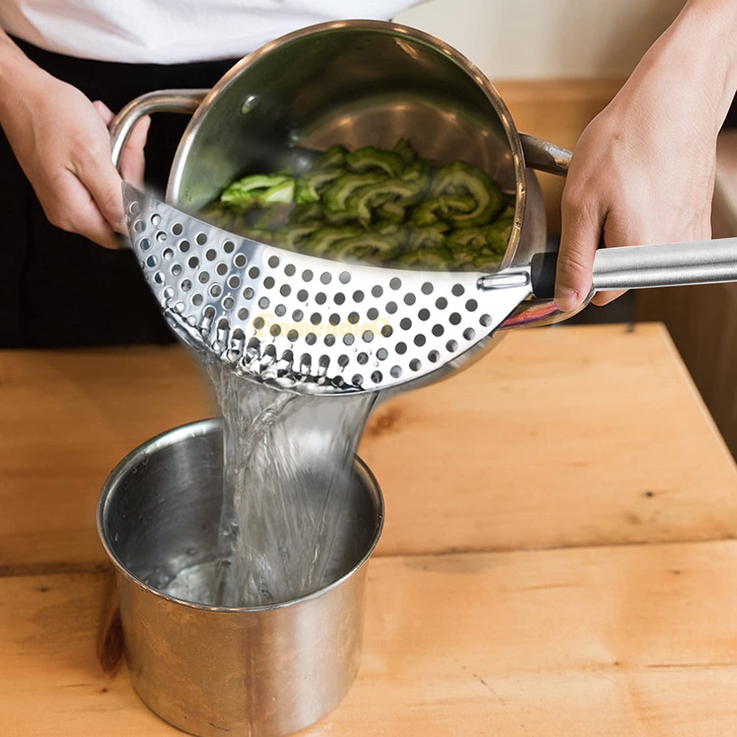 Framendino, Stainless Steel Crescent Pot Strainer Handle Pan Colander for Noodles Vegetables Spaghetti