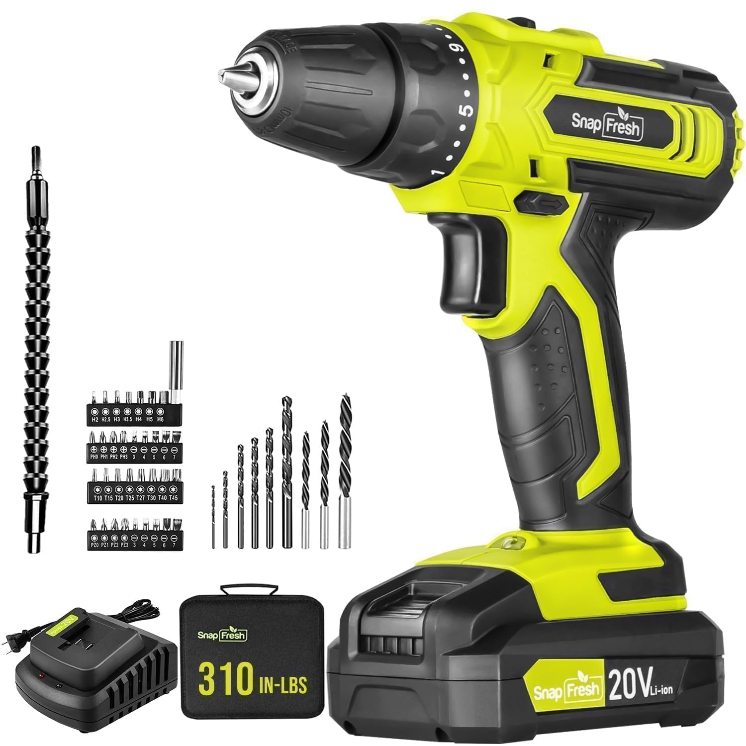 SnapFresh 20V Cordless Drill Set, 3/8" Power Drill with 2 Variable Speed, 21+1 Torque Setting, LED, 43pcs Drill Bits, Impact Driver Kit for Home,DIY-2.0Ah Battery & Fast Charger Included