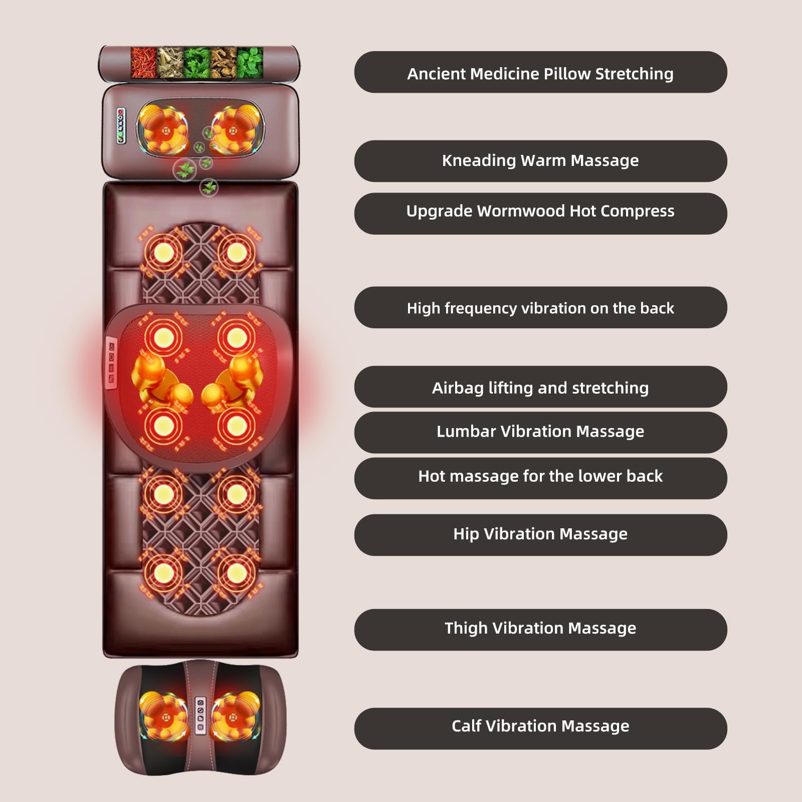 Esterilla De Masaje De Cuerpo Completo con Calor y Vibración | Esterilla de masaje con airbag para la zona lumbar y almohadilla térmica con control remoto para hombros, cuello y piernas