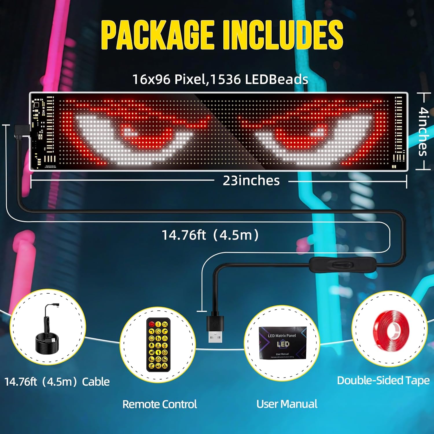 Devil's Eyes Light for Cars - Windshield Eyes Animated LED Sign Programmable Scrolling Lights for Car, 23"x5" Outdoor Waterproof LED Matrix Panel, Remote Smart APP Control for Truck Window - Image 3