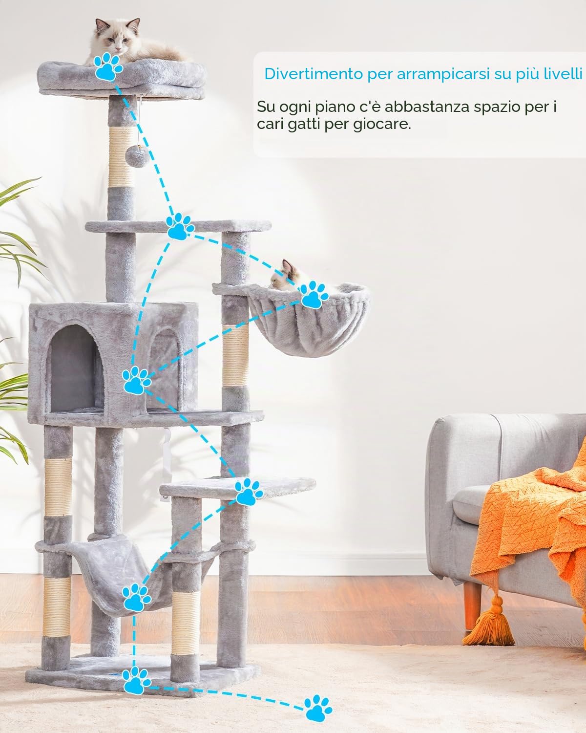 Hey-brother Tiragraffi per Gatti,Albero per Gatti Alto 154 cm,Torre per gatti stabile e a più livelli, Dotato di una Caverna per Gatti, Cesto, amaca e Piattaforma superiore, grigio chiaro 0EMPJ050W