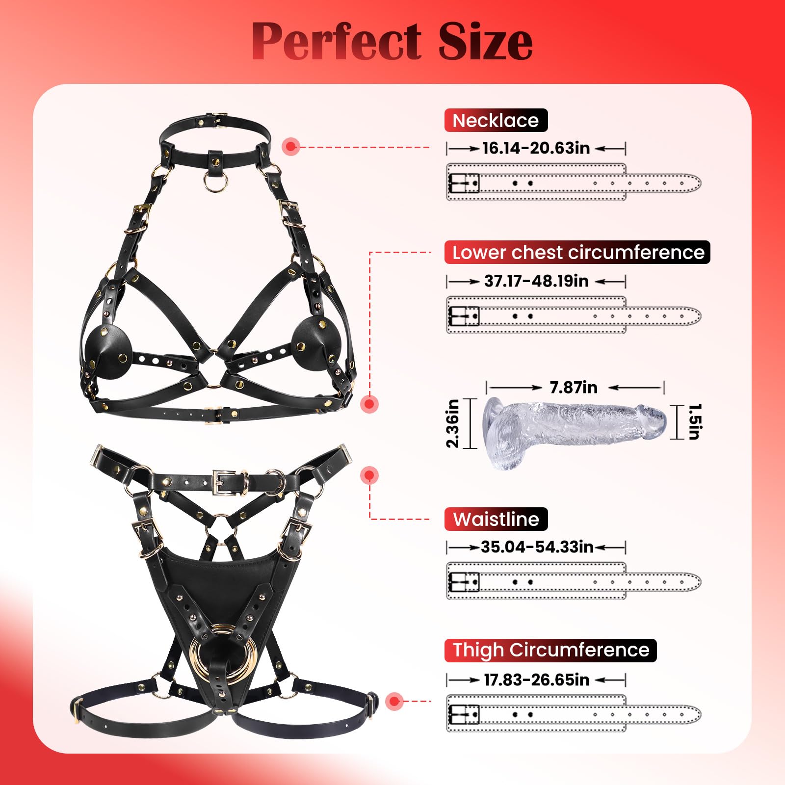 Set Harnais Strap-On + Dildo 7.9", Harnais Seins Réglable, Ceinture Taille & Cuisse en Cuir pour Couples