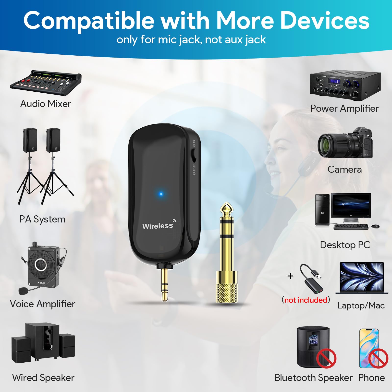 Wireless Microphone Headset, 165FT Range, 1/4'' & 1/8'' Plug, 7 Hours Long Battery Life, Wireless Headset Mic & Handheld Mic 2 in 1, for Amplifier, Mic Speakers, PA System, Teaching, Fitness