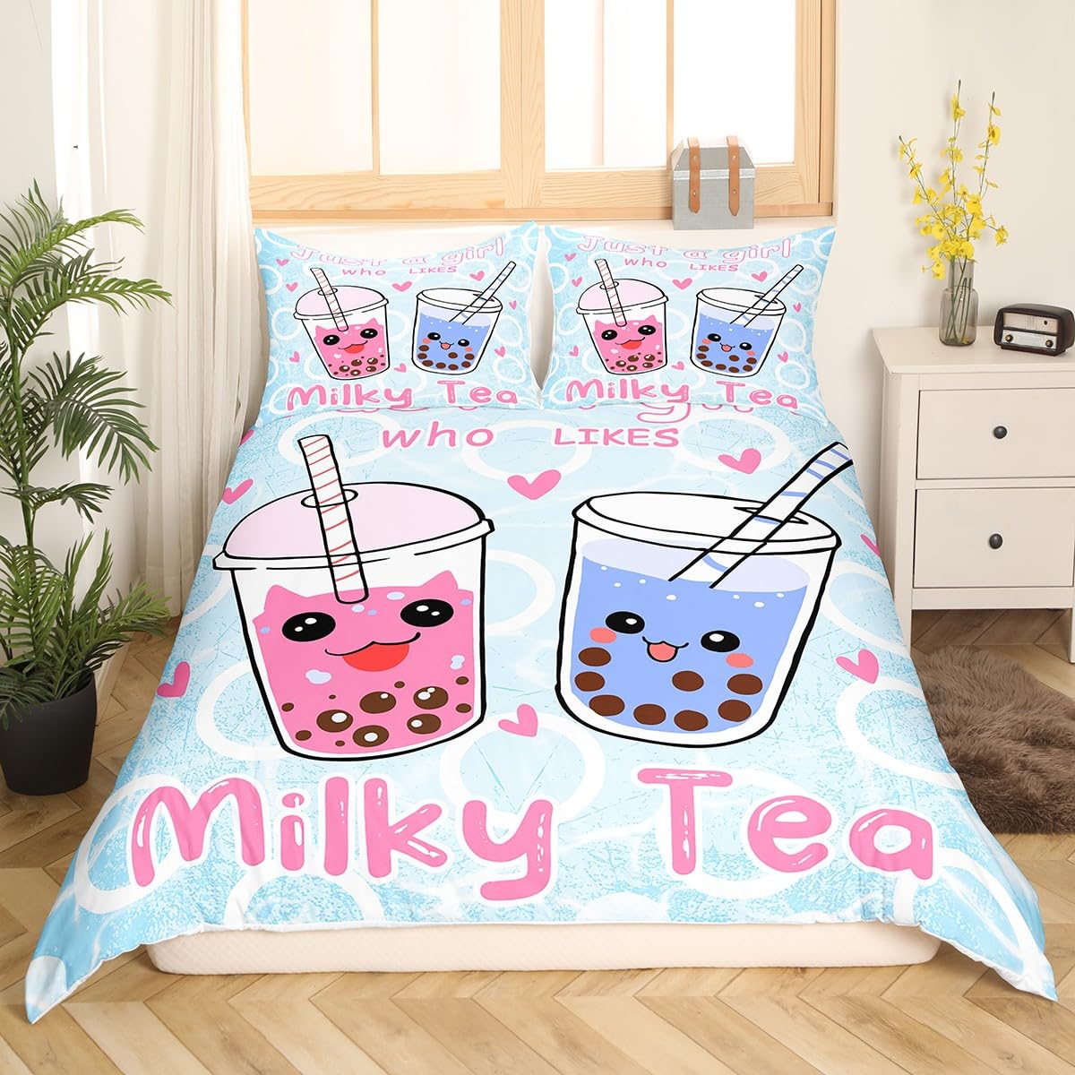 Feelyou Boba Duvet Cover Girl Loves Boba Comforter Cover Kawaii Bubble Tea Stuffed Bedding Set for Kids Adults Cartoon Boba Bedspread Cover Twin Size Bedclothes Zipper (No Comforter)