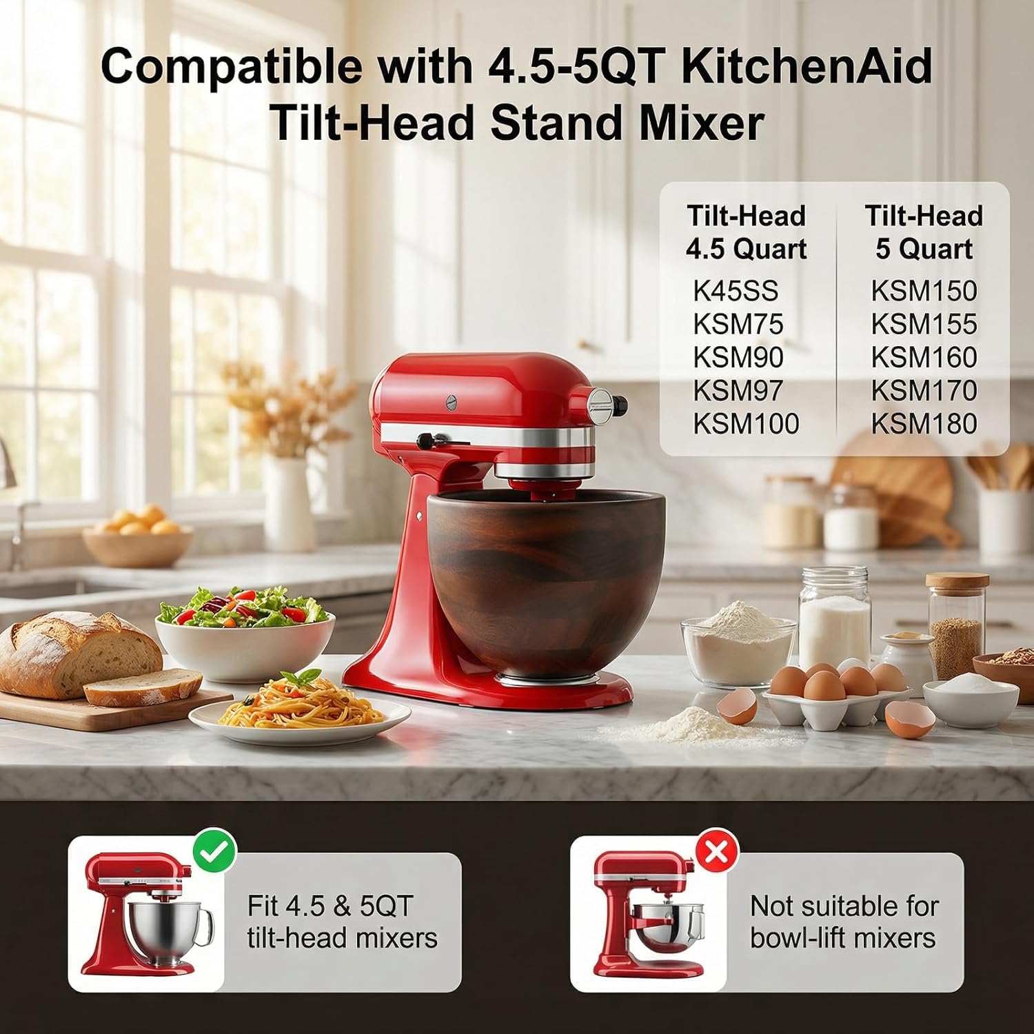 Cofun Ciotola in Legno Premium per KitchenAid, Contenitore 4.8L per Planetarie a Testa Inclinabile 4.3L, 4.7L/4.8L, Ciotola Naturale in Acacia con Base in Acciaio Inox, Accessorio per KitchenAid