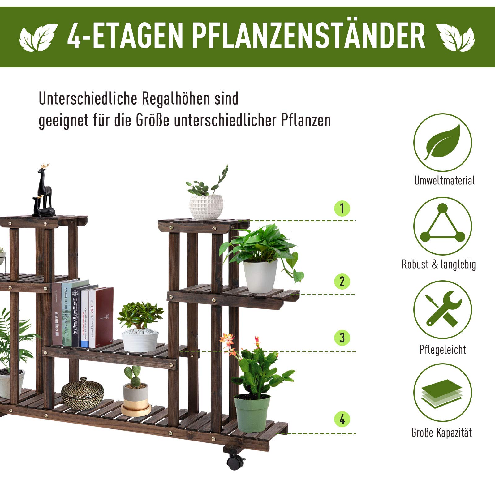 Outsunny 4-Etagen Pflanzenständer, 80cm hoch Blumenständer für Innen Außen, Pflanzenregal aus Holz, mehrstöckig Blumenregal, Blumentreppe Blumentopfständer für Wohnzimmer, Garten Balkon, Verkohlt