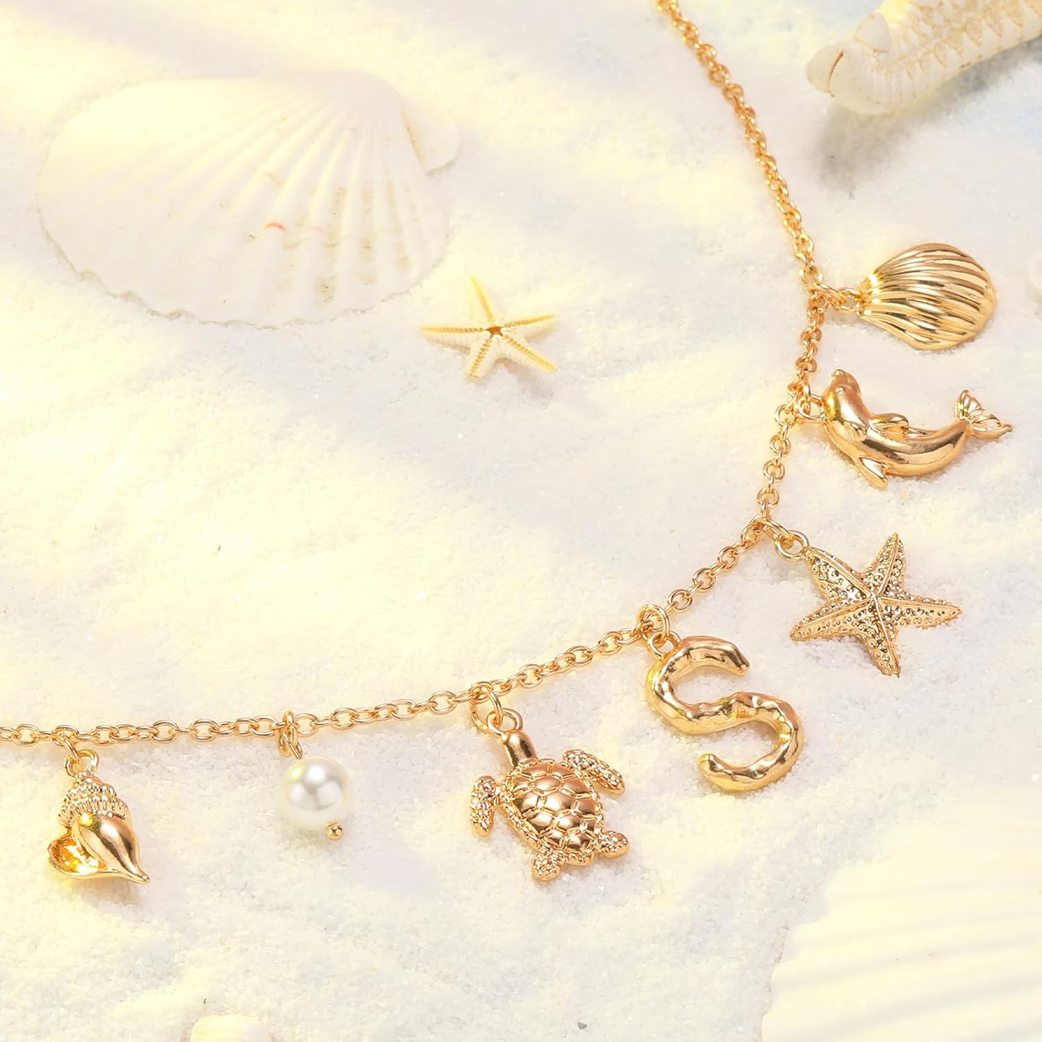 NEKOL Initial S Charm Necklace For Women, Boho Gold Summer Beach Surfer Letter Necklace Starfish Seashell Pearl Turtles Dolphin Charms Pendant, Trendy Pendant Alphabet Choker Necklace Jewelry Gifts - Image 4