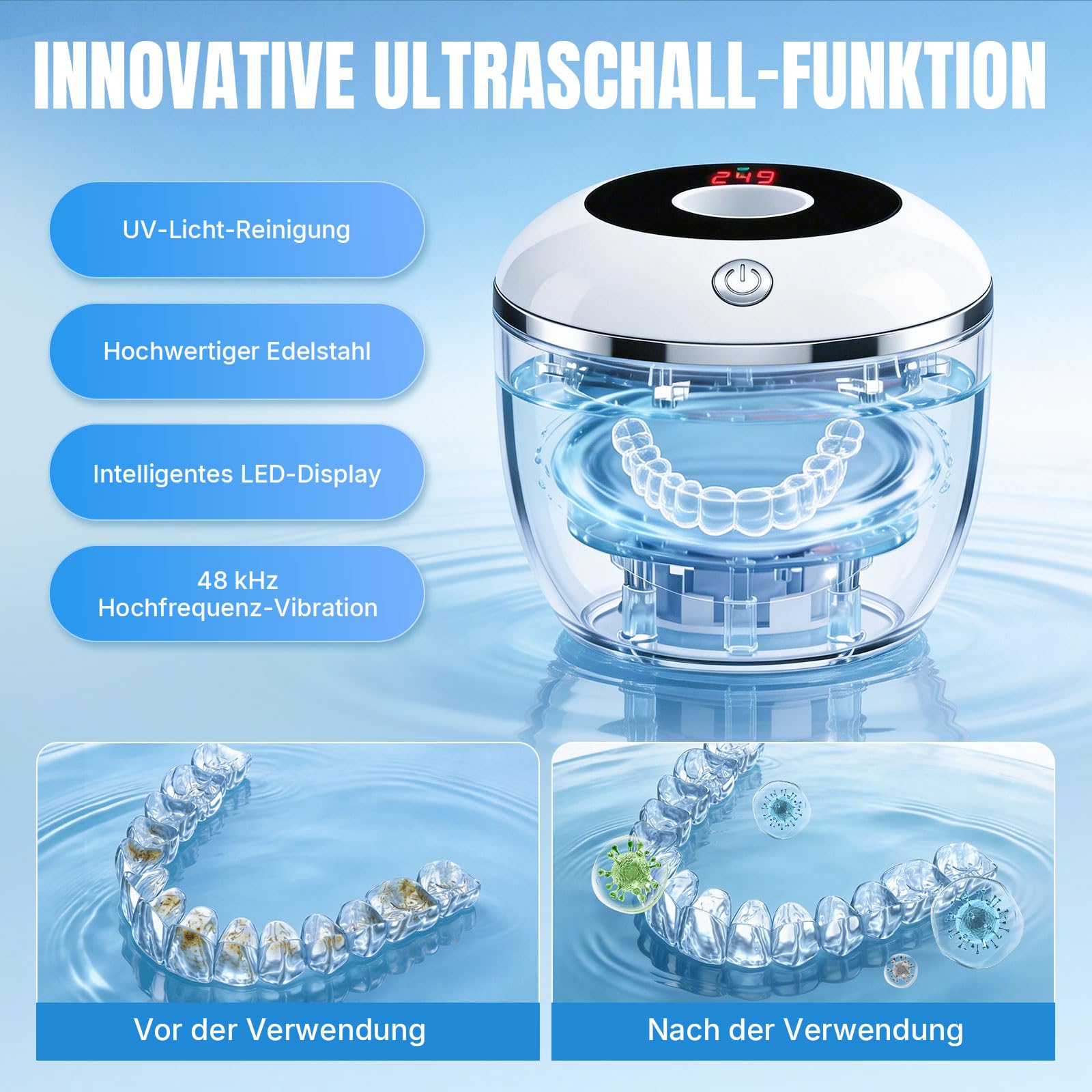Ultraschallreinigungsgerät 48kHz mit 4 Modi digitalem Timer für Zahnersatz Mundschutz Schmuck