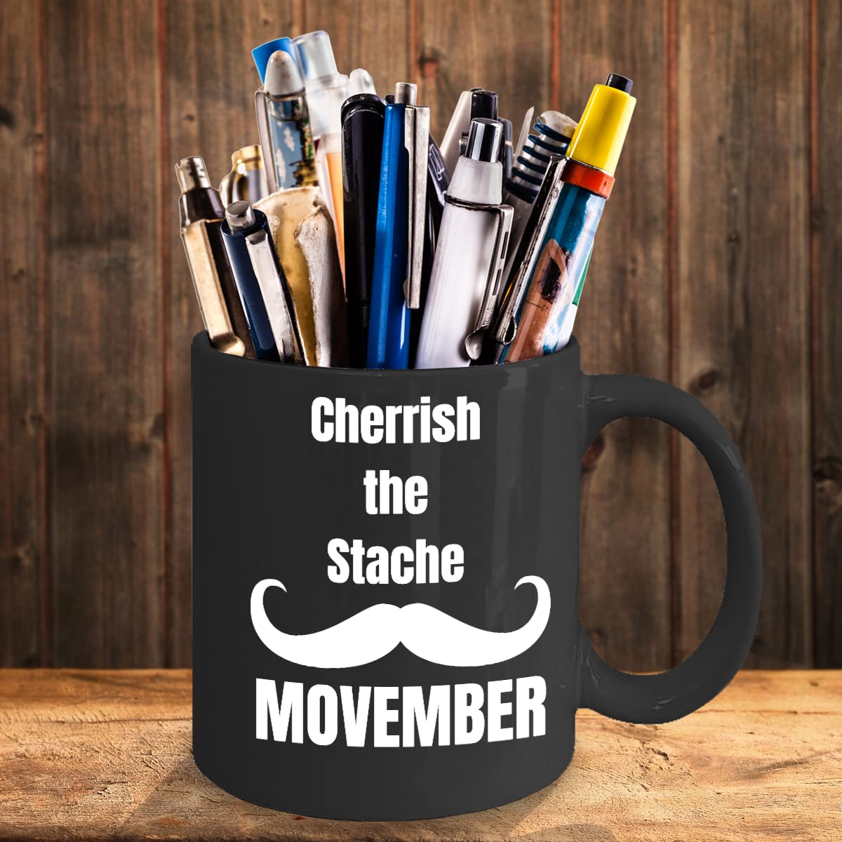 Cherrish the Mustache Movember Black Coffee Mug, mustache mug, shave mug for dad, mustache month, Movember gift ideas, Husband Gift Mustache Lover Gif