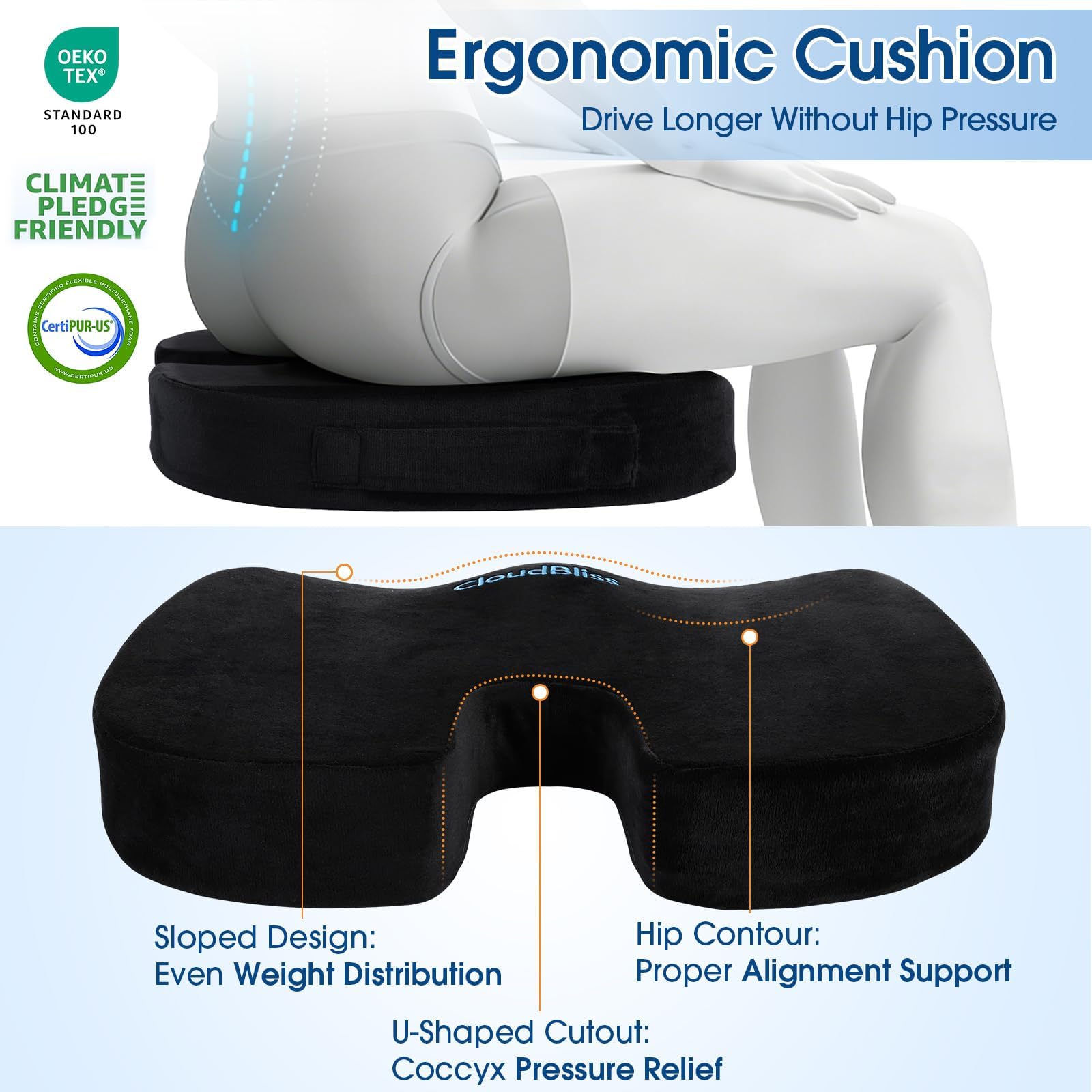 CloudBliss Cuscino per sedia, cuscino per sedia da ufficio, cuscino per sedile auto, cuscino di supporto lombare per sedia da ufficio, cuscino in memory foam per coccige e sollievo dal dolore alla