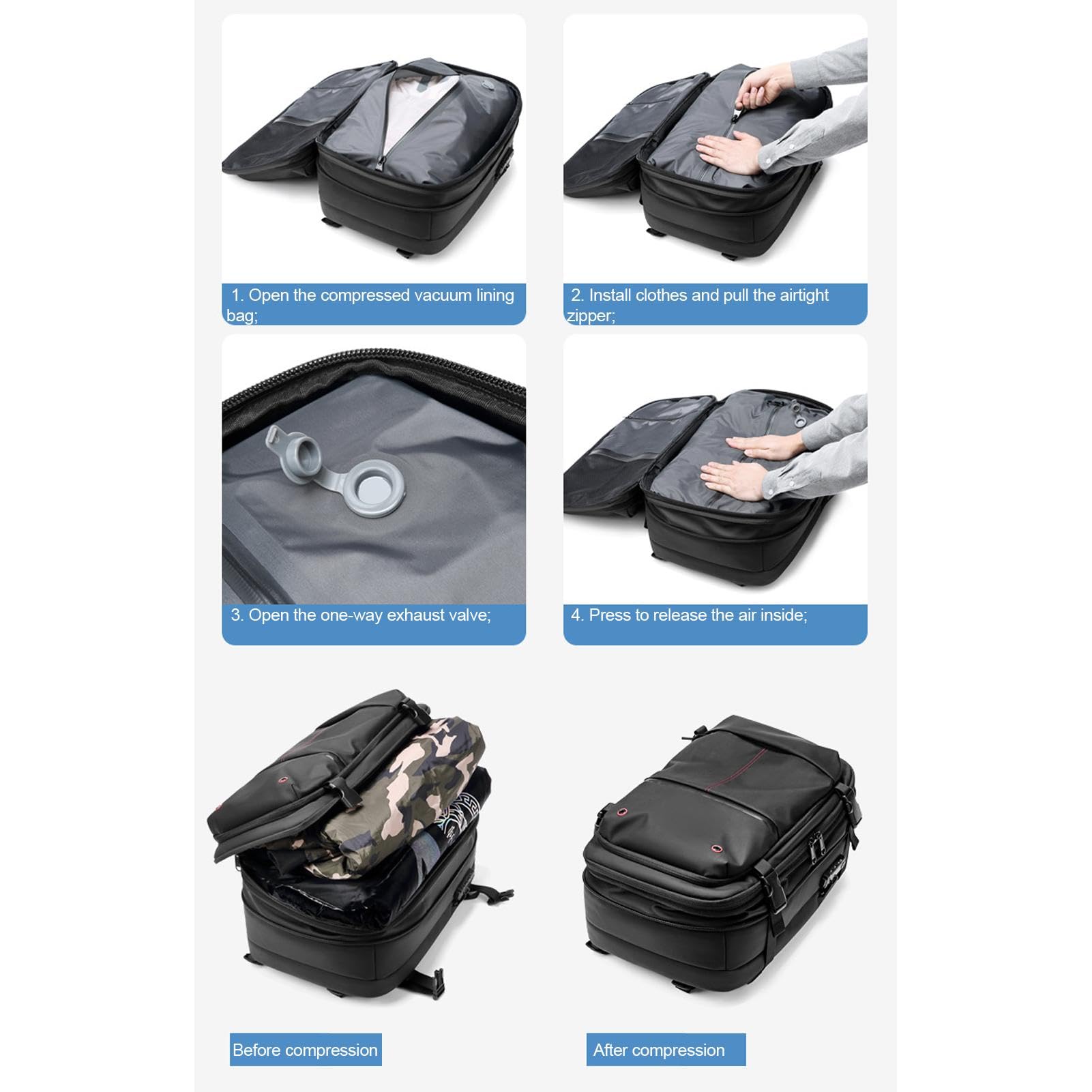 Generisch Mochila de vacío de aire, mochila de viaje al vacío - 60L expandible Airpack con compartimento para ordenador | Embalaje al vacío de tela Oxford, impermeable, separación en seco para