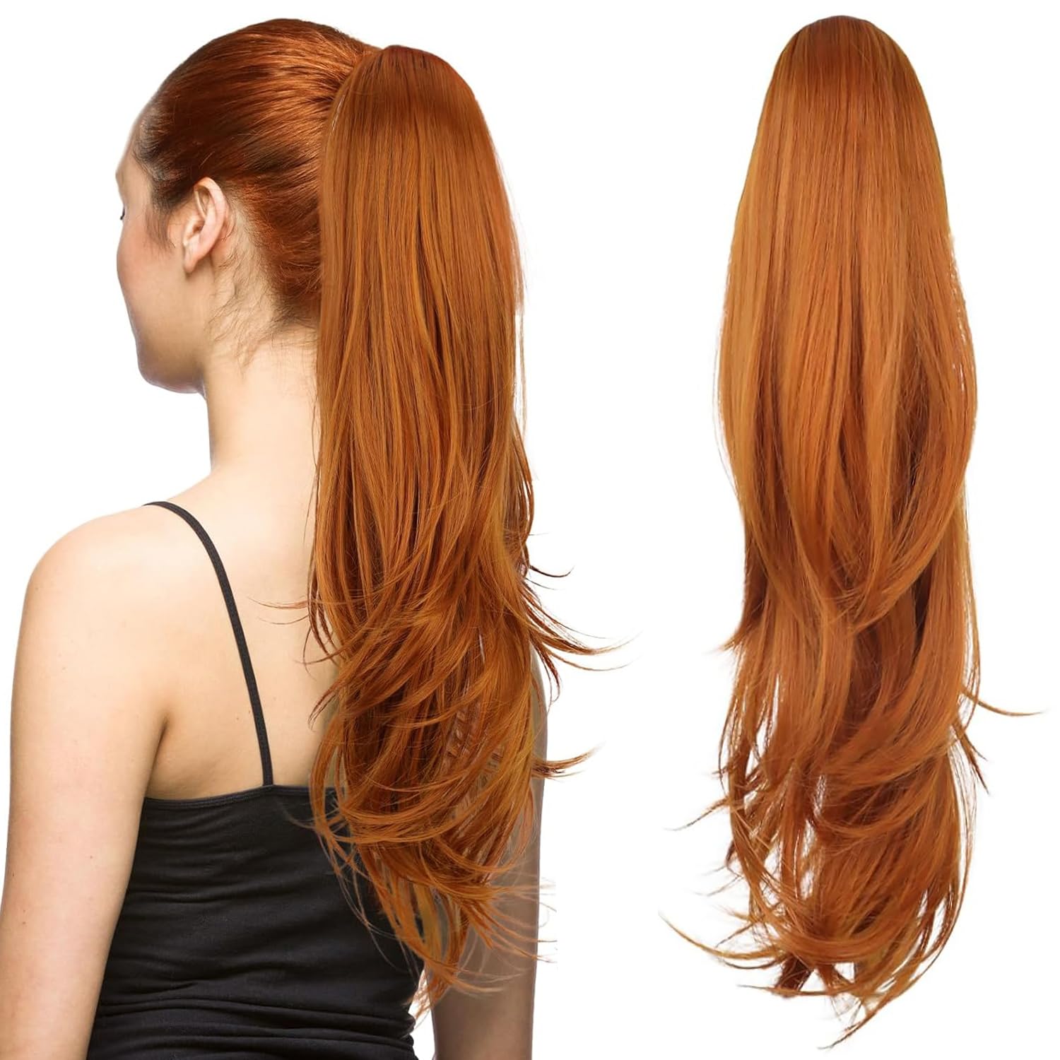 PORSMEER Ponytail Extension,Drawstring Ponytail Hair Extensions 26 Inch Long Natural Straight Wavy End Synthetic Hairpiece for Women Daily Use (Orange)