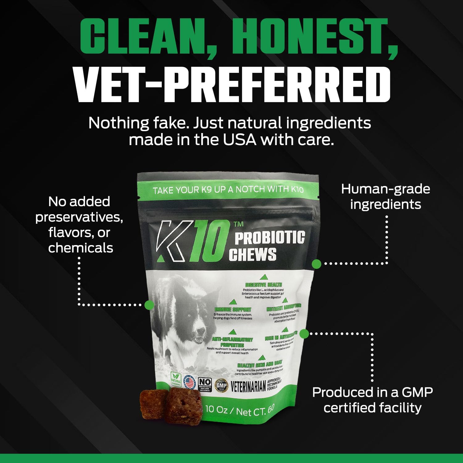 K10 Probiotic Chews for Dogs (60ct) – Advanced Digestive Support with Probiotics, Prebiotics & Superfoods – Vet-Preferred Dog Supplement for Digestion, Immunity, Skin, Coat & Everyday Vitality