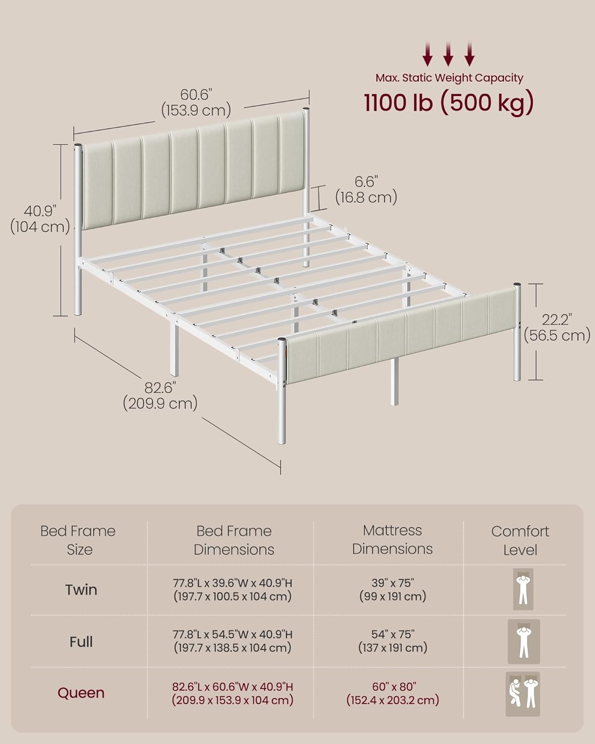 VASAGLE Queen Bed Frame with Upholstered Headboard, Metal Bed Frame Queen Size with Footboard, 1100 lb Weight Capacity, Steel Slats, Easy Assembly, No Box Spring Needed, Cappuccino Beige URMB981W01V1
